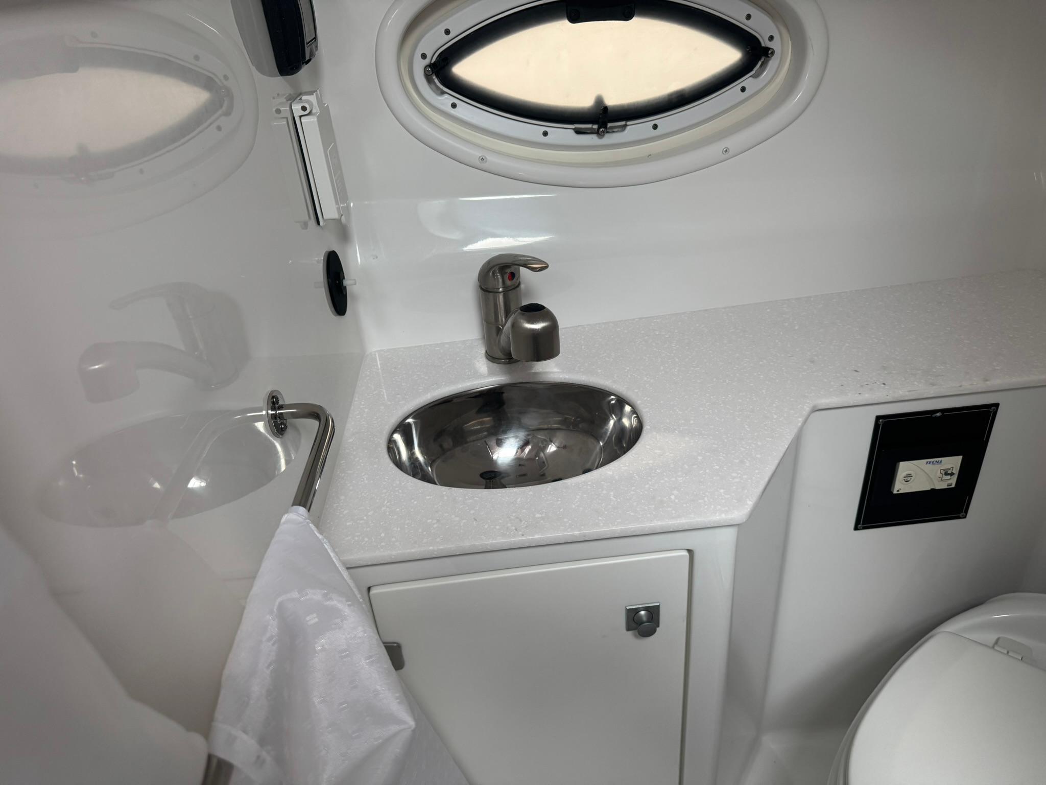 2020 Monterey 295 Sport Yacht bathroom with sink, porthole, and towel holder.
