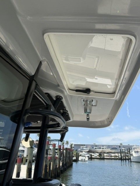 Interior view of the 2023 Boston Whaler 330 Outrage boat.