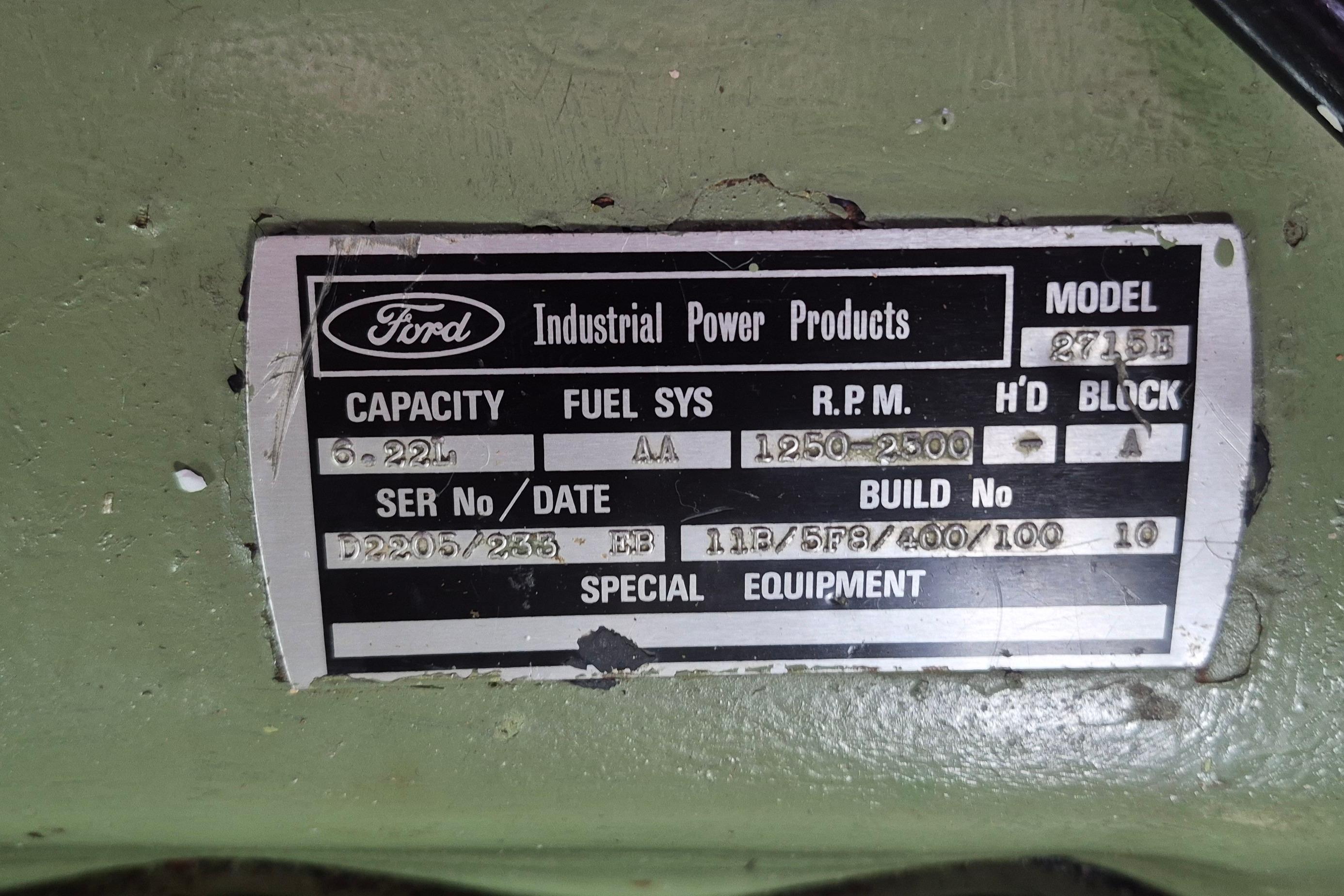 Ford engine data plate on 1983 Grand Banks 42 Motoryacht, showing specifications and serial number.