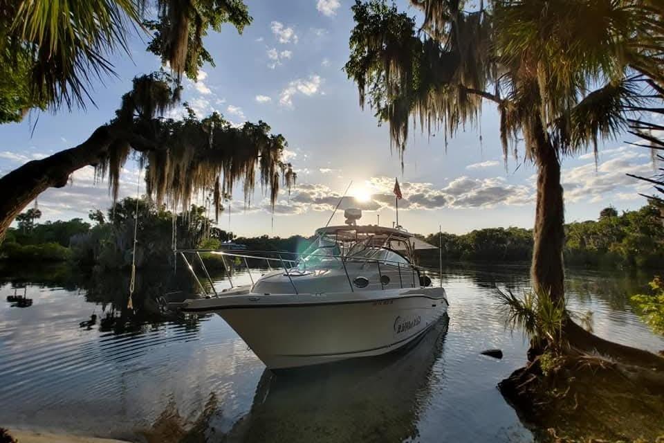 2007 Seaswirl Striper 2901 Walkaround O/B boat in serene, tree-lined waterway at sunset.