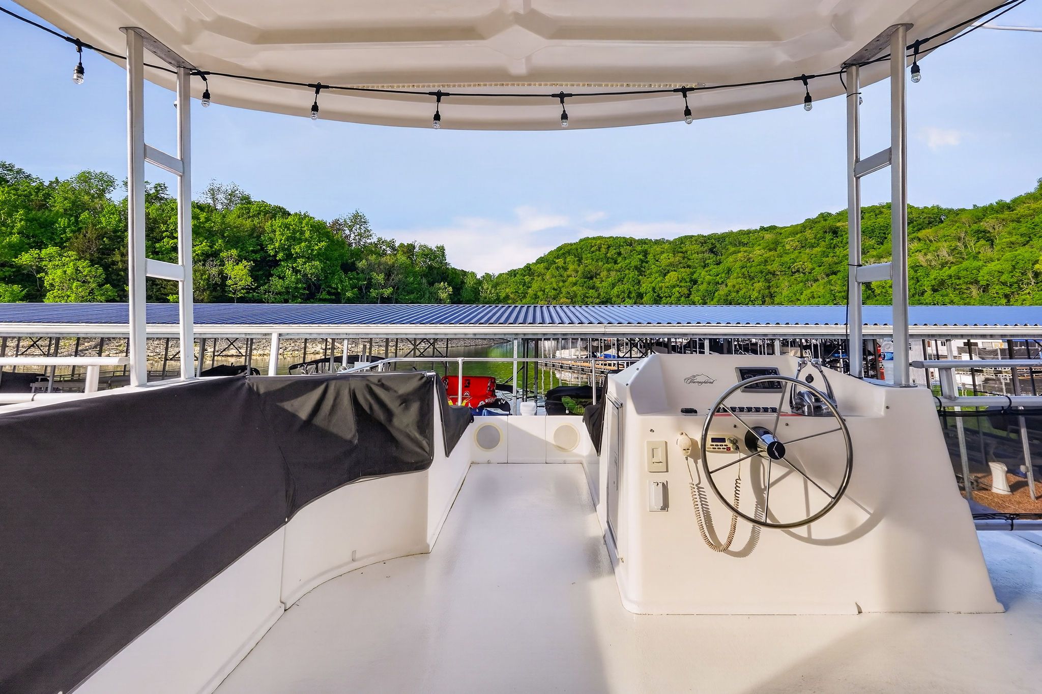 2010 Houseboat Throughbred helm with scenic green landscape.