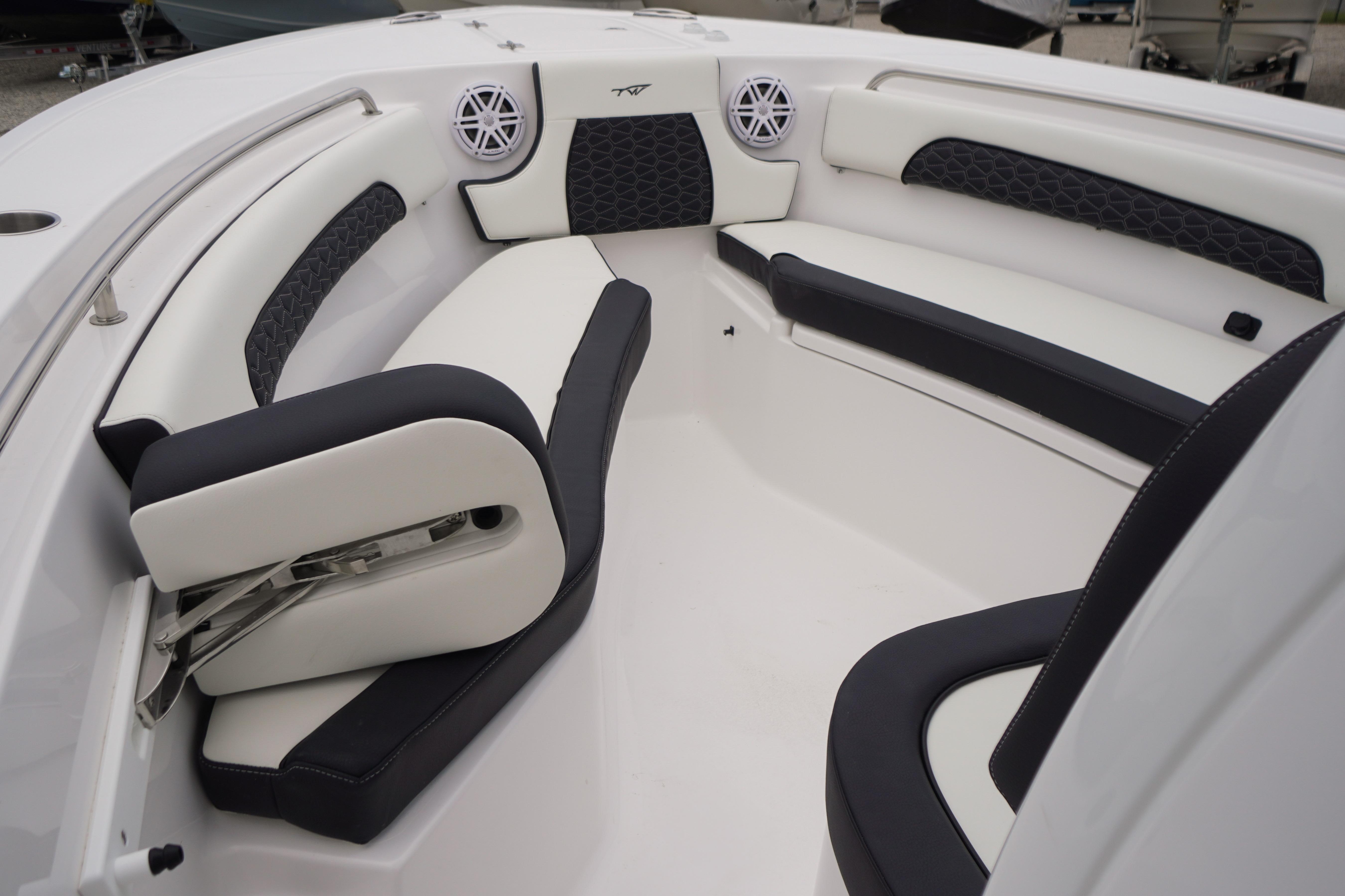 Luxurious seating in the 2026 Tidewater 232 SS boat, featuring modern design and comfort.
