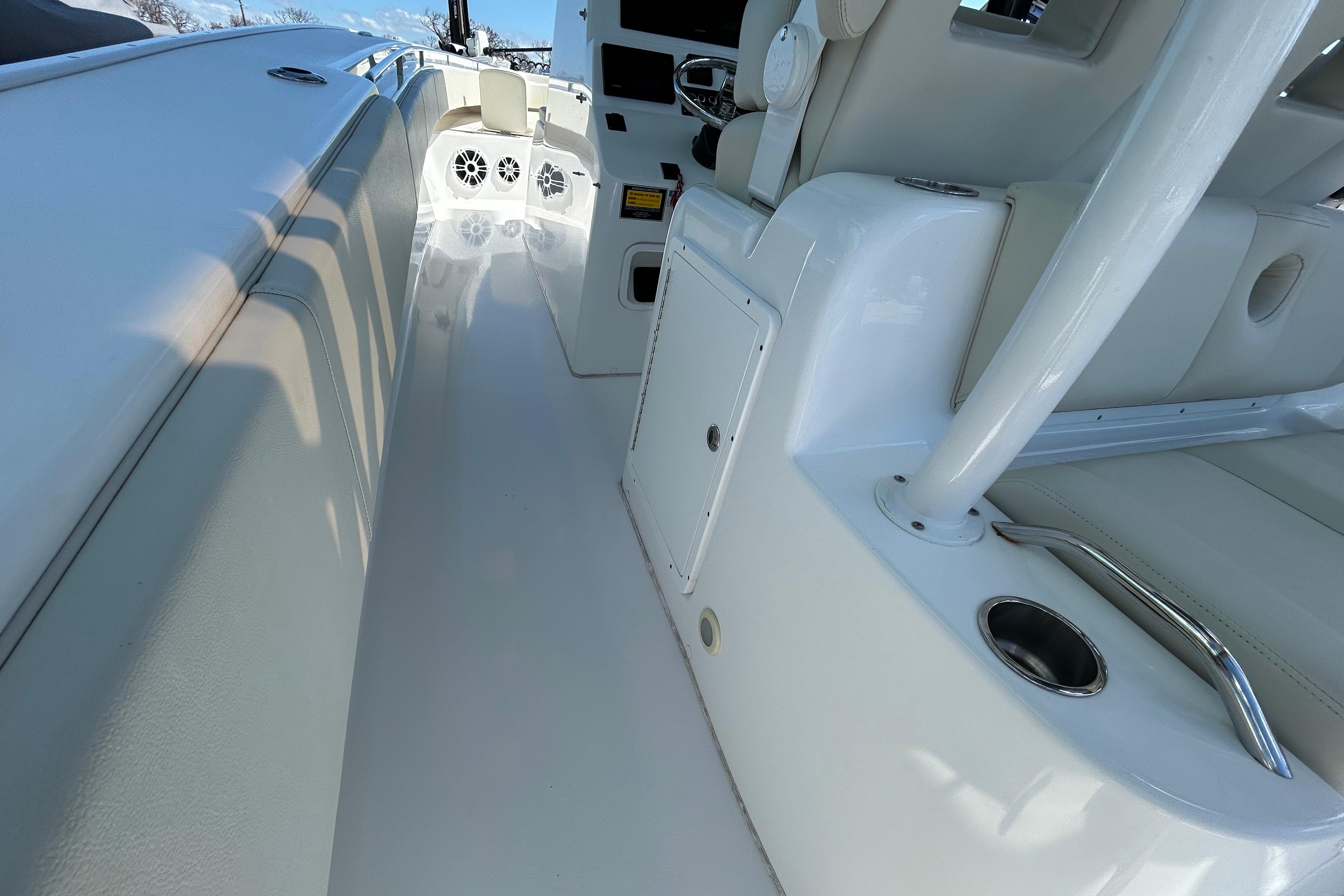 2022 Cape Horn 36 boat interior with white seating and modern design.