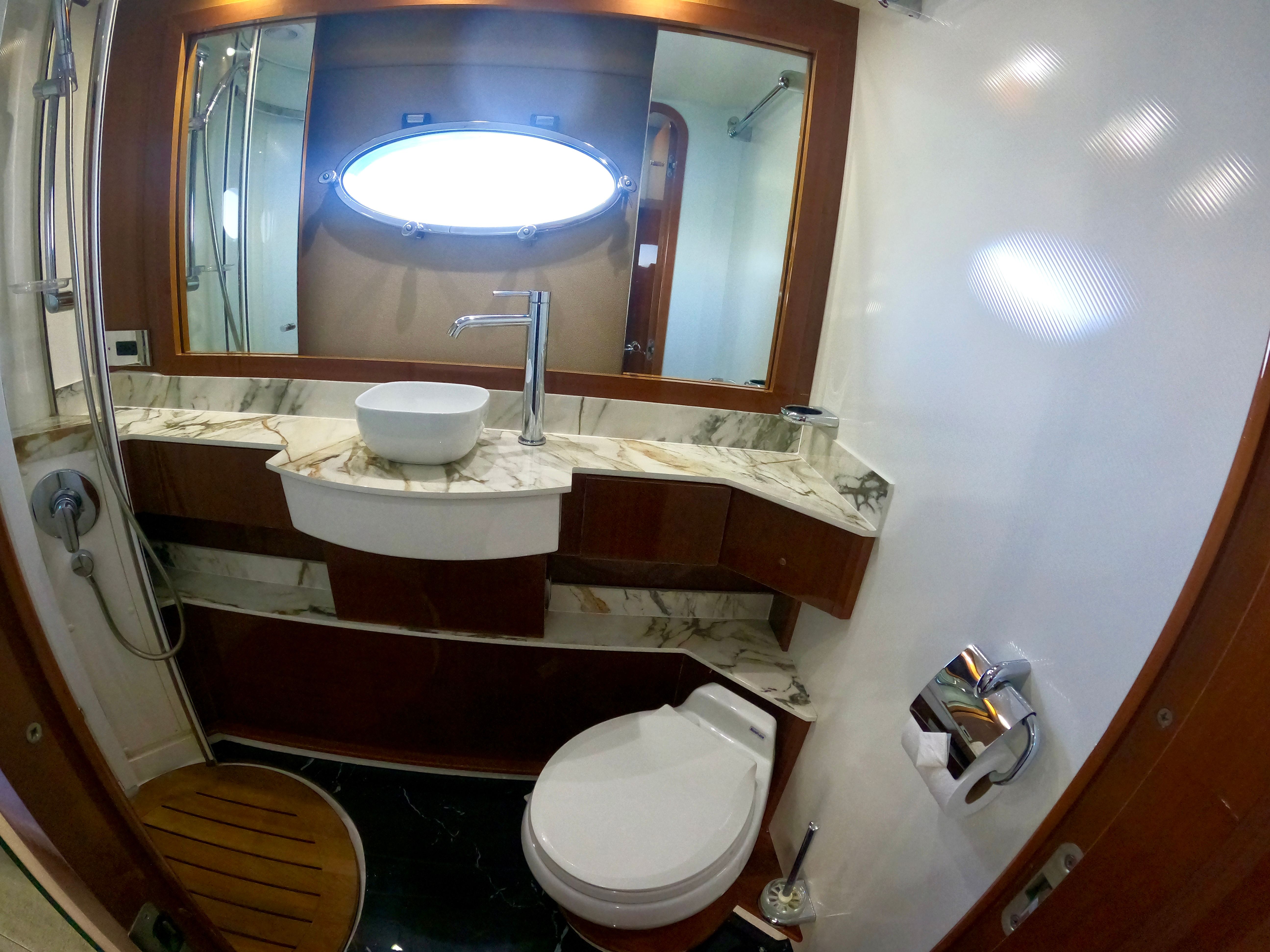 Luxurious bathroom on Viking Princess F54 Flybridge yacht, 2009 model.