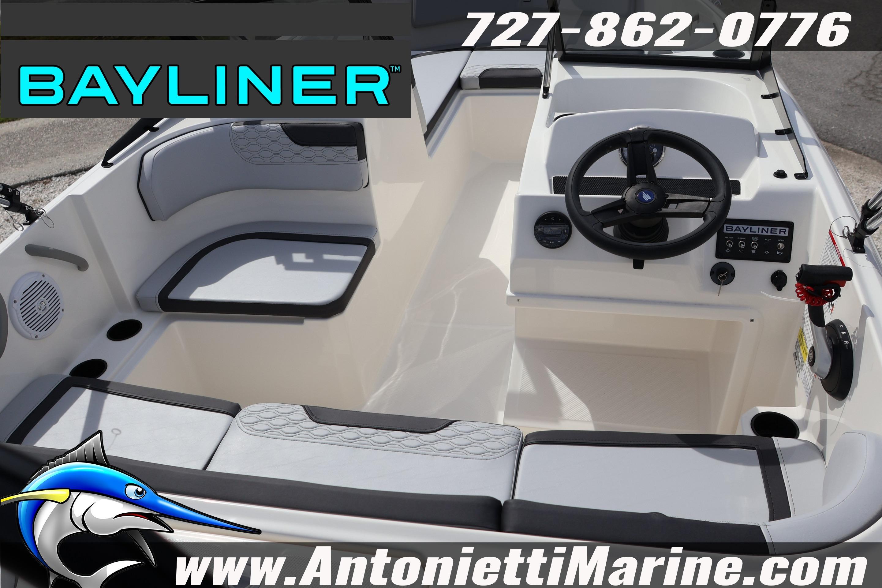 2026 Bayliner Element M17 boat interior with steering wheel and seating, Antonietti Marine branding.