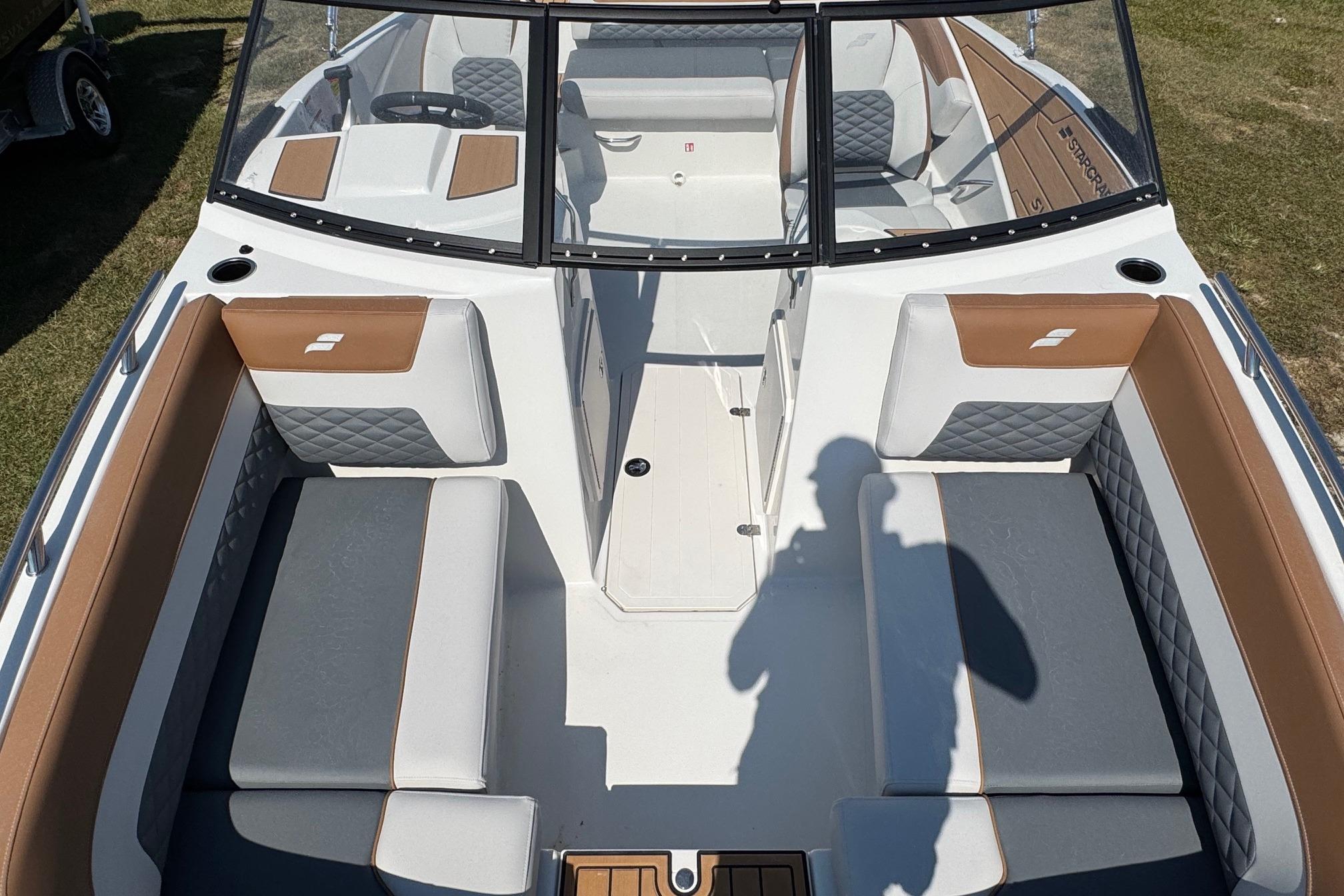 2026 Starcraft SVX 190 OB boat interior with cushioned seating and modern design.