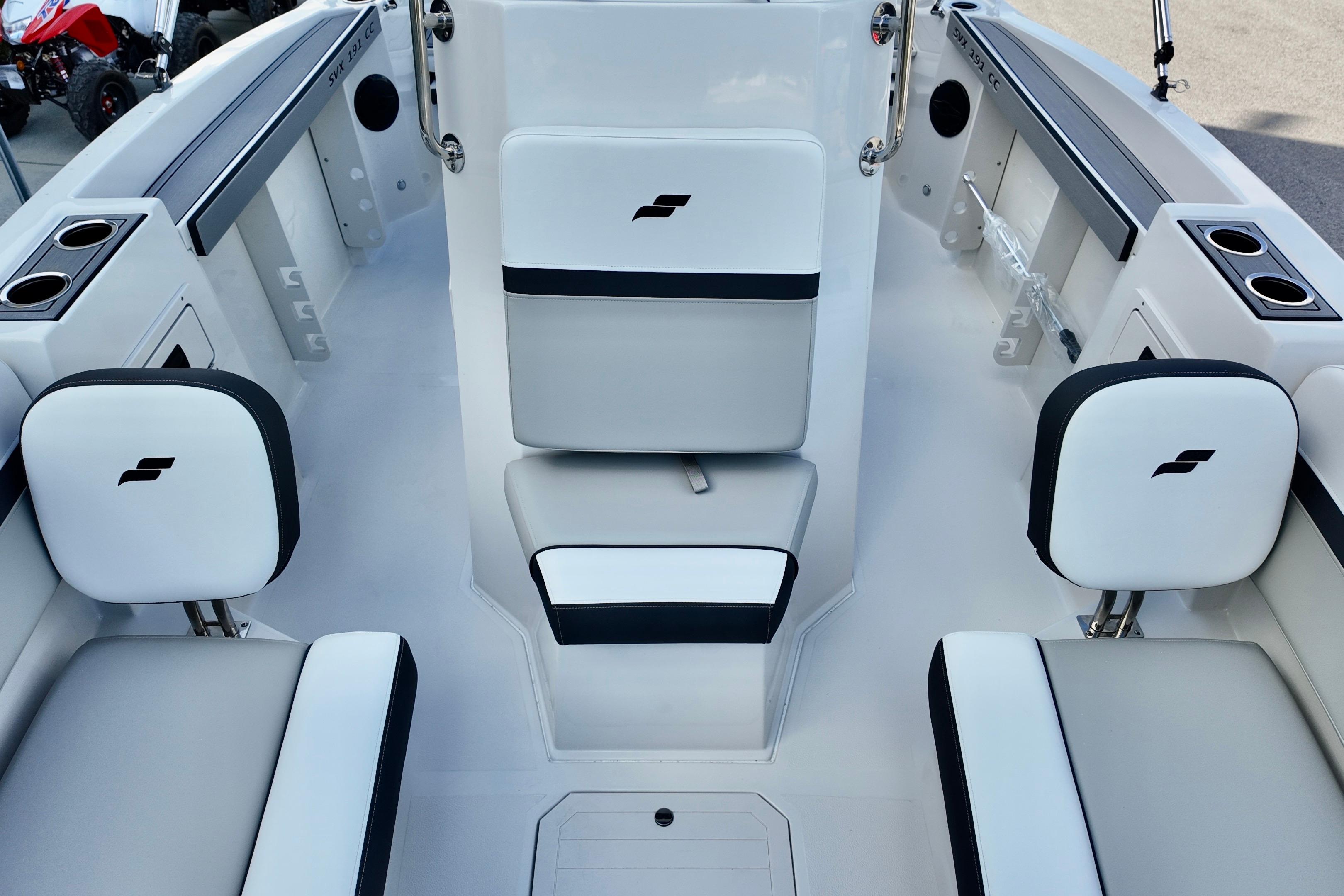 2026 Starcraft SVX 191 OB CC boat interior with white and black seating.