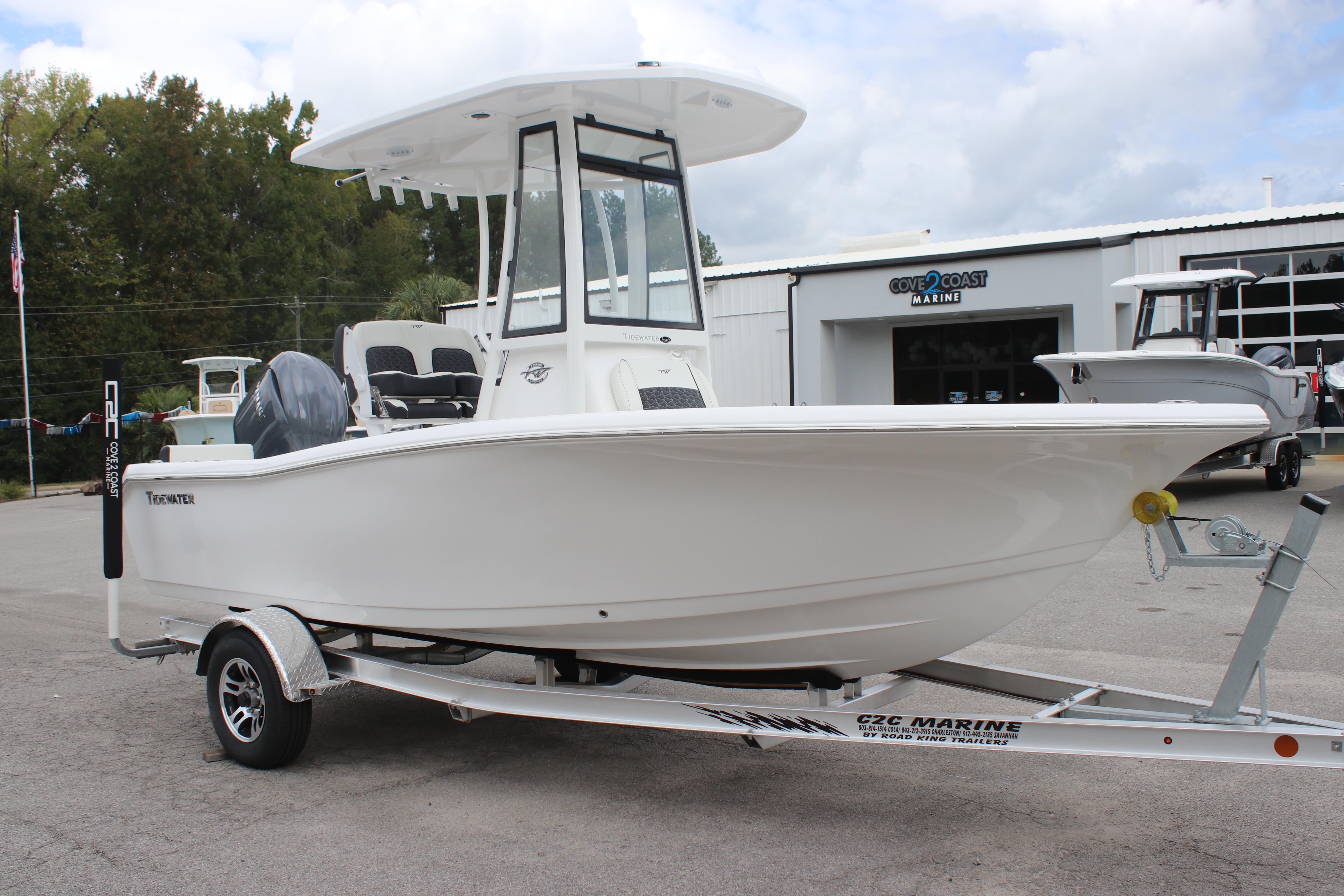 2026 Tidewater 198 CC Adventure boat on trailer at Cove 2 Coast Marine dealership.