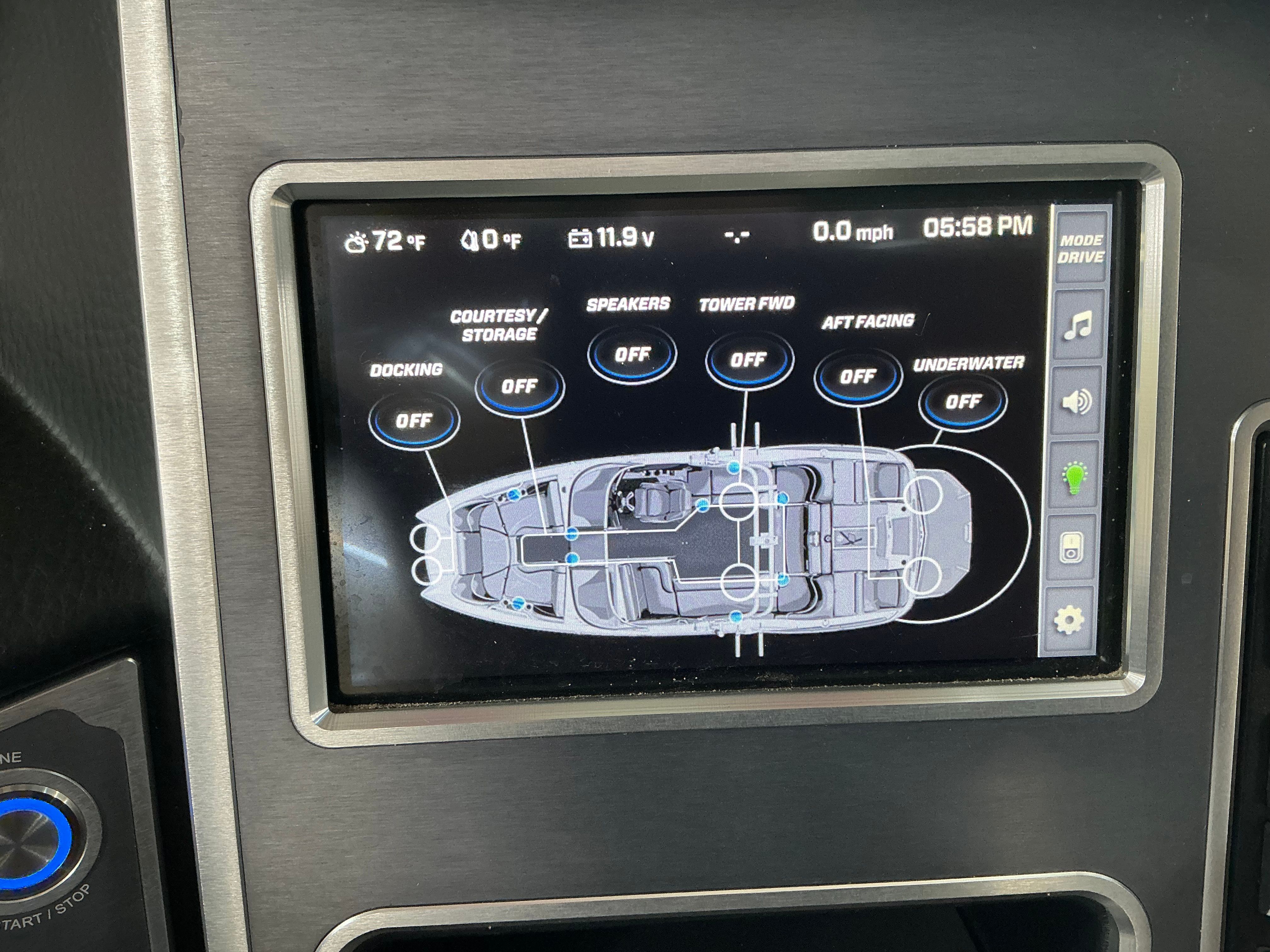 The image shows a boat's digital control display with various control options.