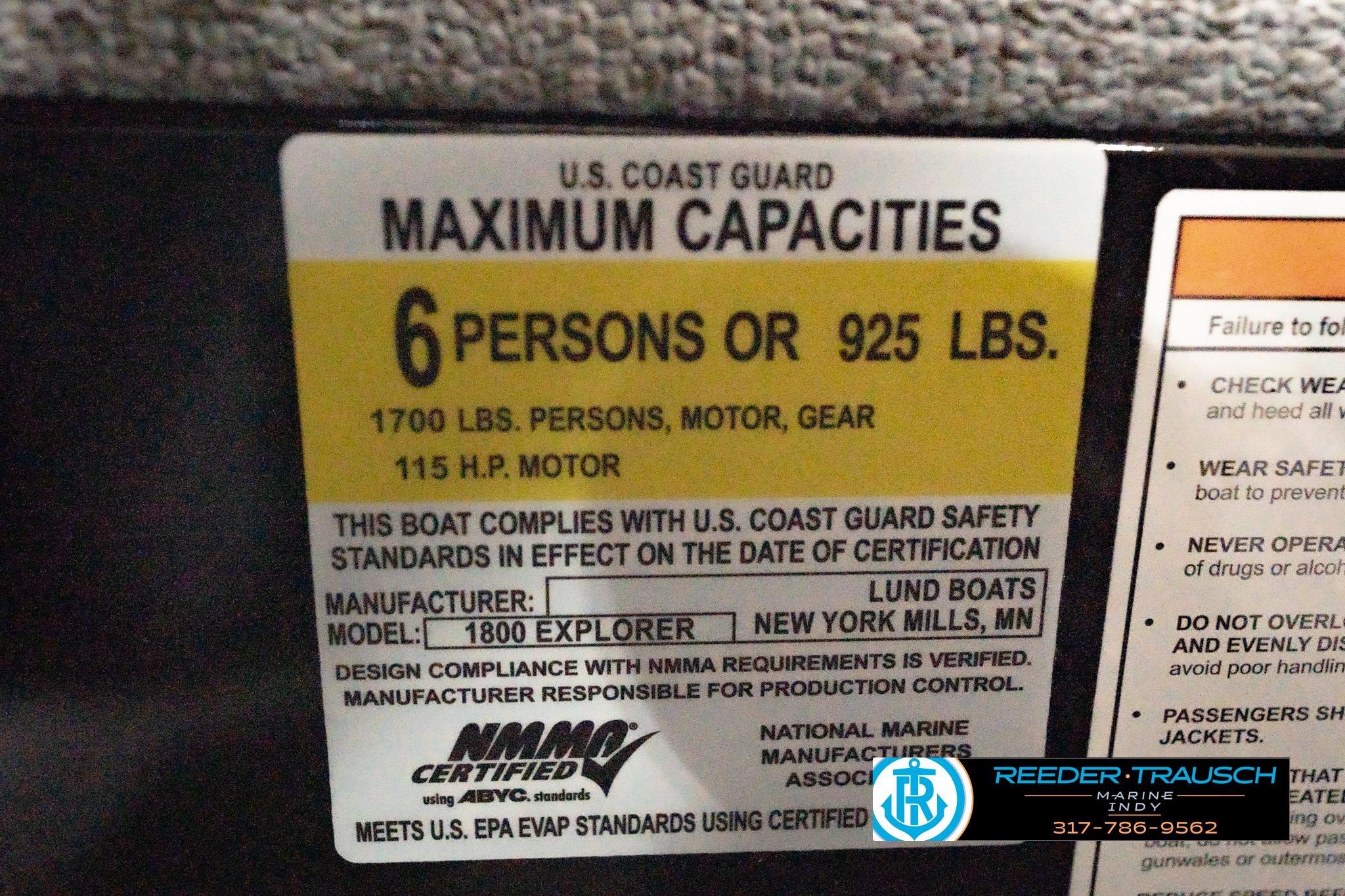 Capacity label for 2026 Lund 1800 Explorer Sport, 6 persons or 925 lbs, 115 HP motor.