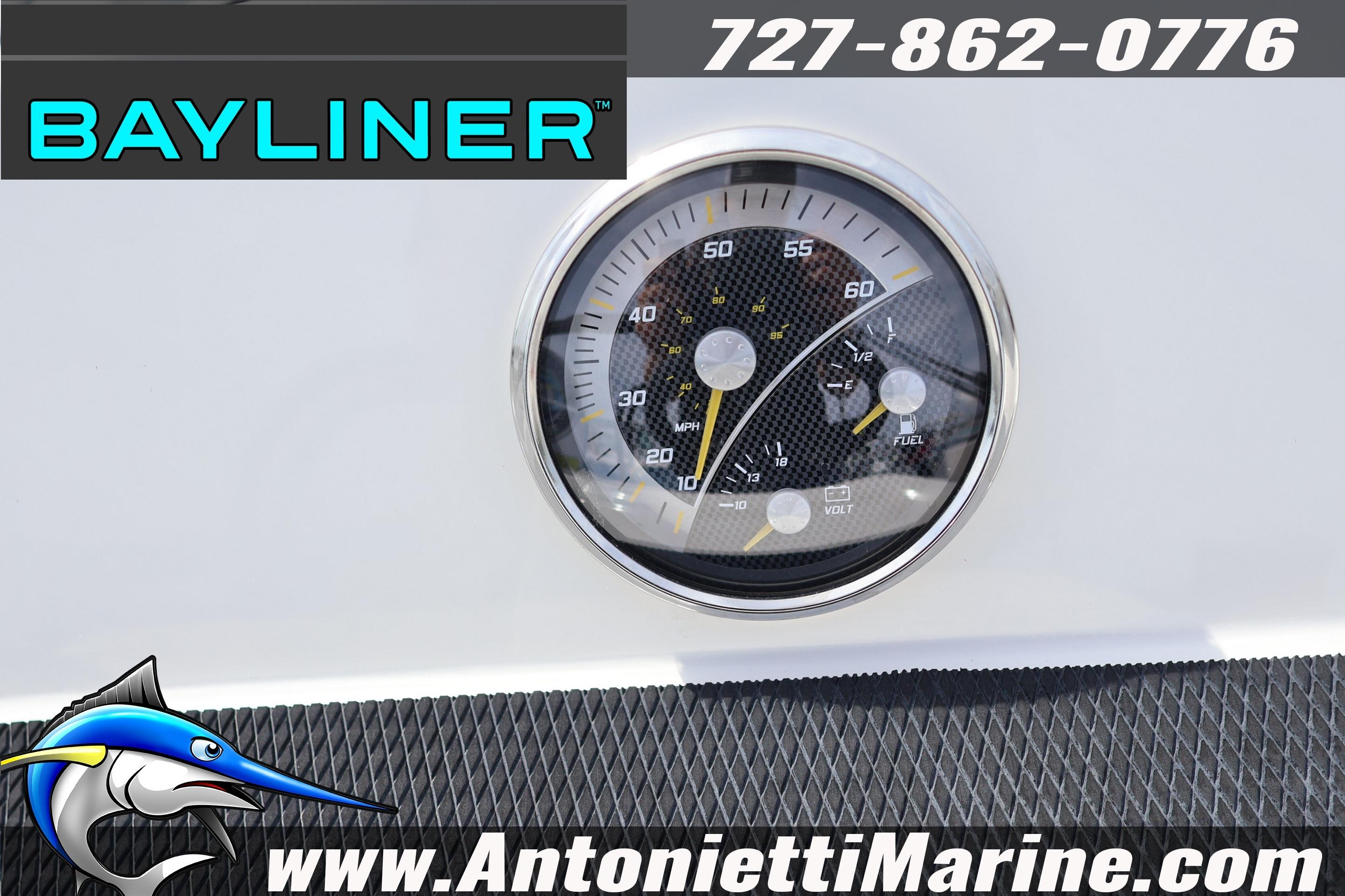 Bayliner Element M17 2026 dashboard with speedometer and fuel gauge, Antonietti Marine branding.
