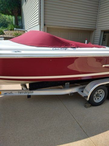 A 2006 Chris-Craft Speedster 20 with a red hull and cover on a trailer.