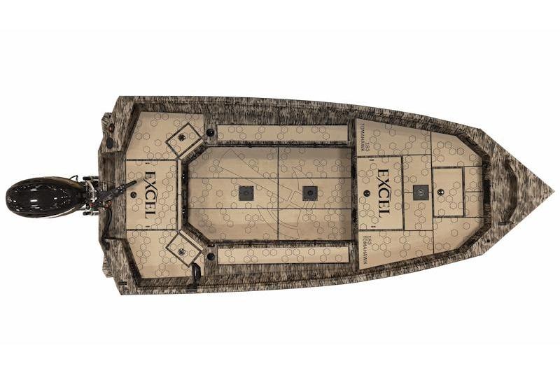 Top view of 2026 Excel 183 Tomahawk boat with camouflage design.