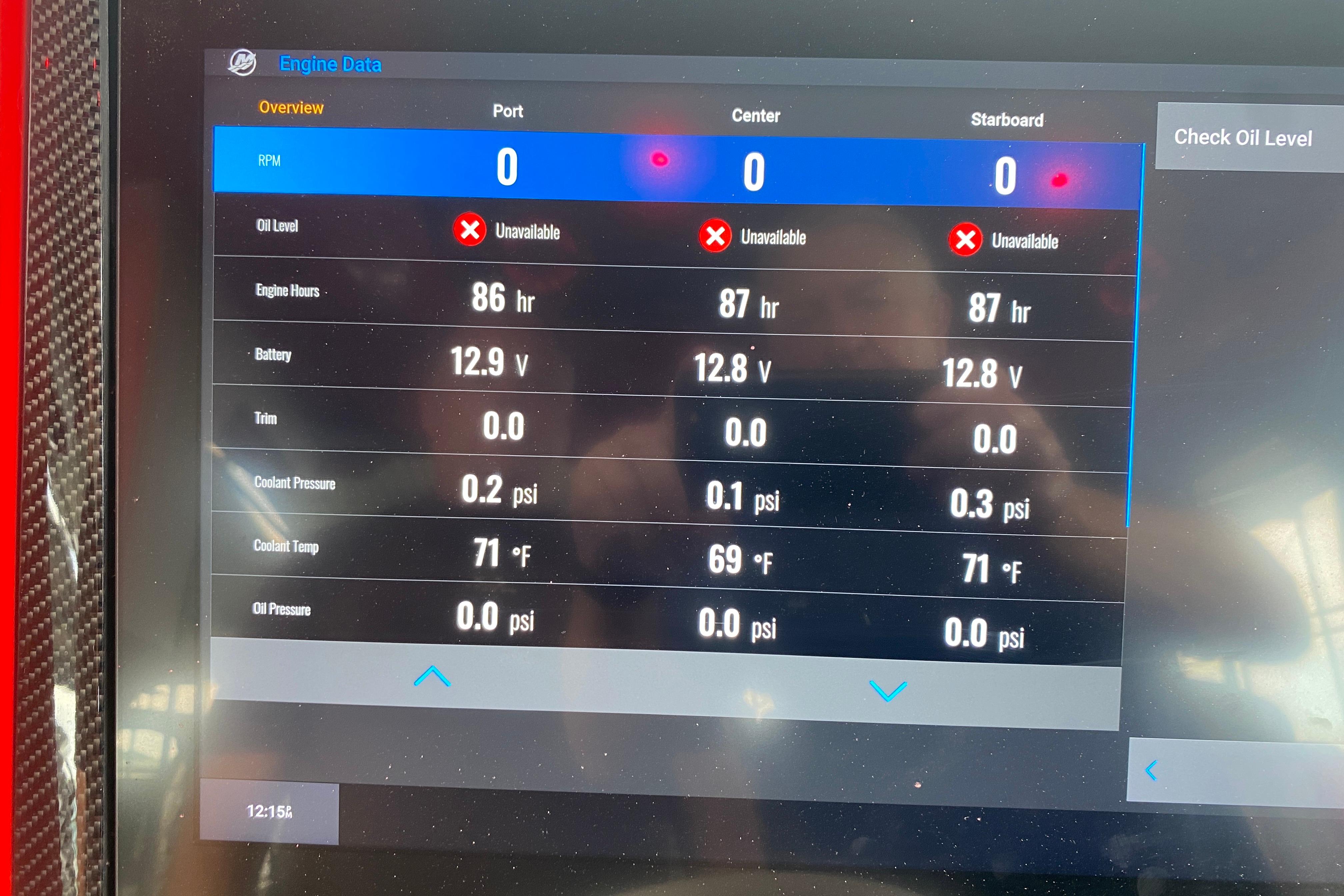 Dashboard of 2025 Fountain 38 SCX showing engine data and oil level status.