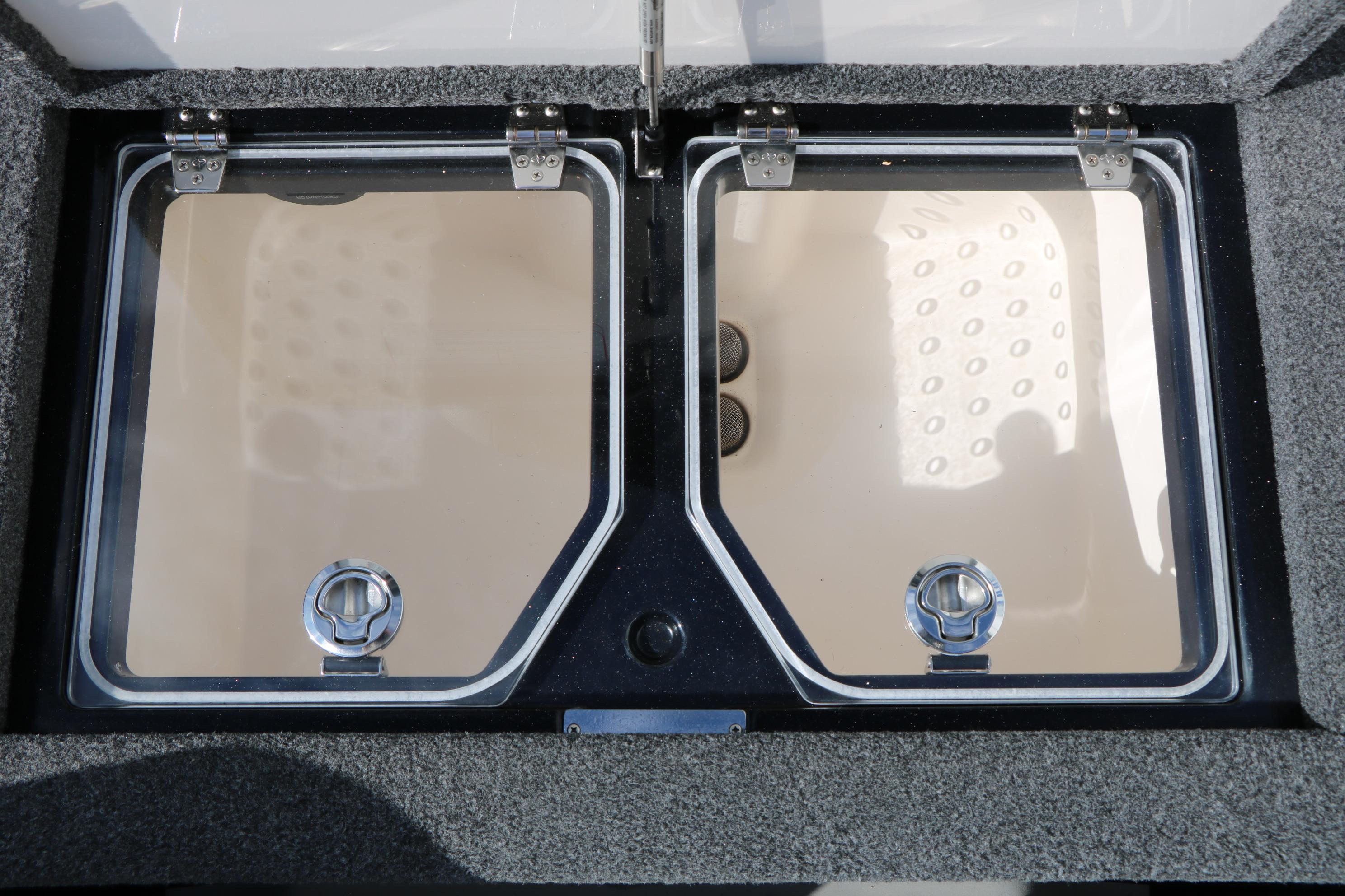 2022 Vexus VX21 boat storage compartments with clear lids and secure latches.