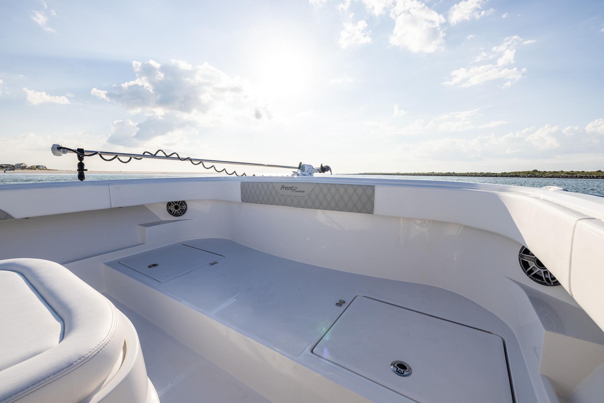 2026 Front Runner 37 Catamaran deck with sleek design and ocean view.