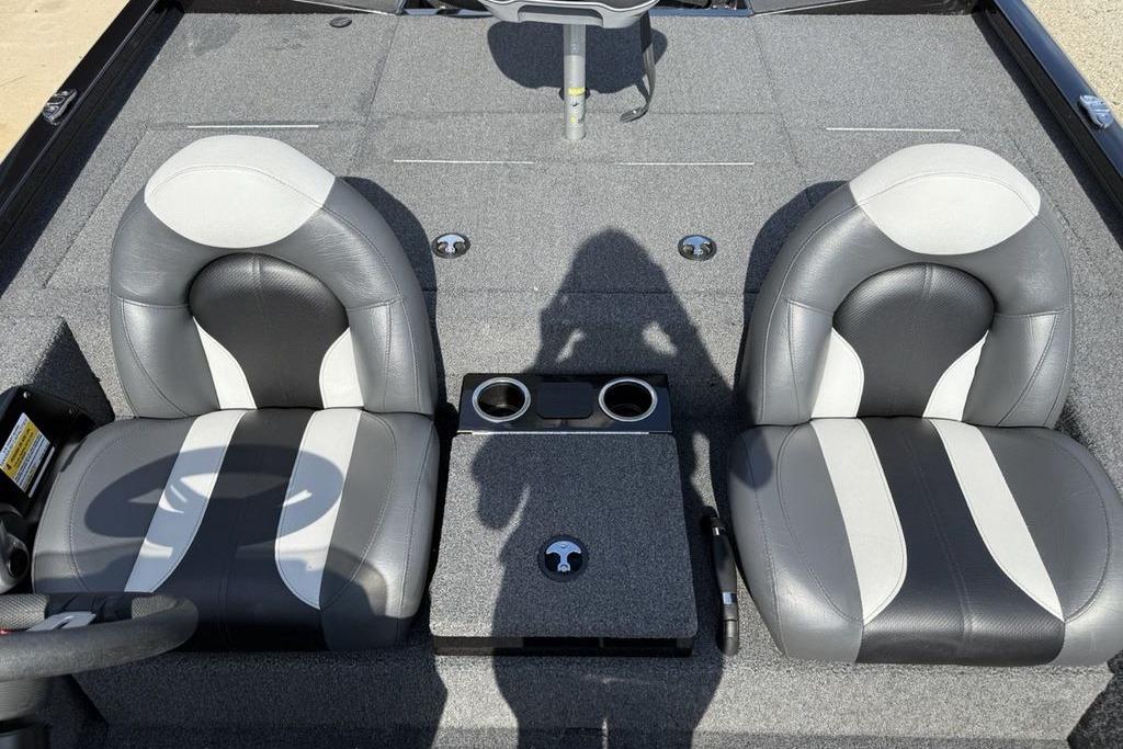 2023 Vexus AVX189 boat interior with two gray and white seats and cup holders.