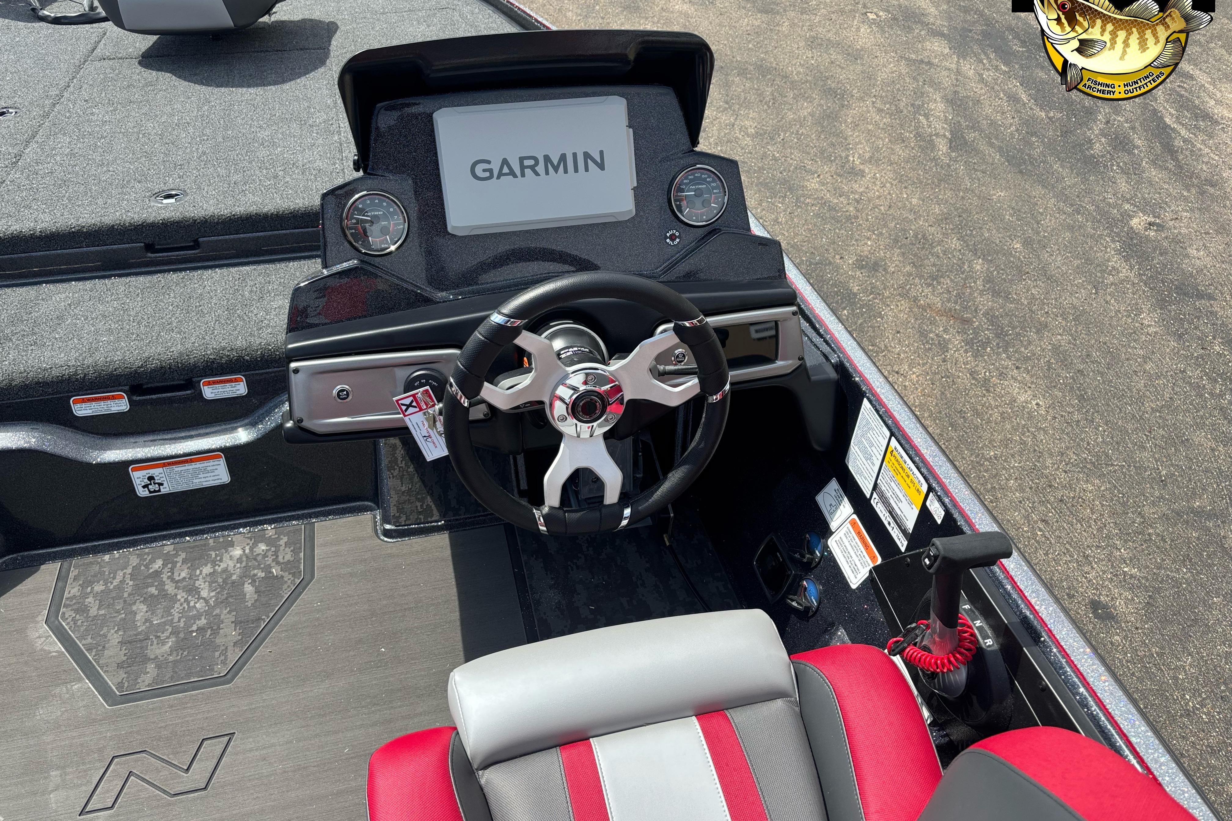Steering console of 2026 Nitro Z20 XL Pro boat with Garmin display.