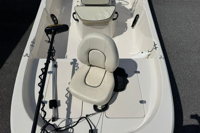 2023 Carolina Skiff 192 JLS boat interior with seating and trolling motor.