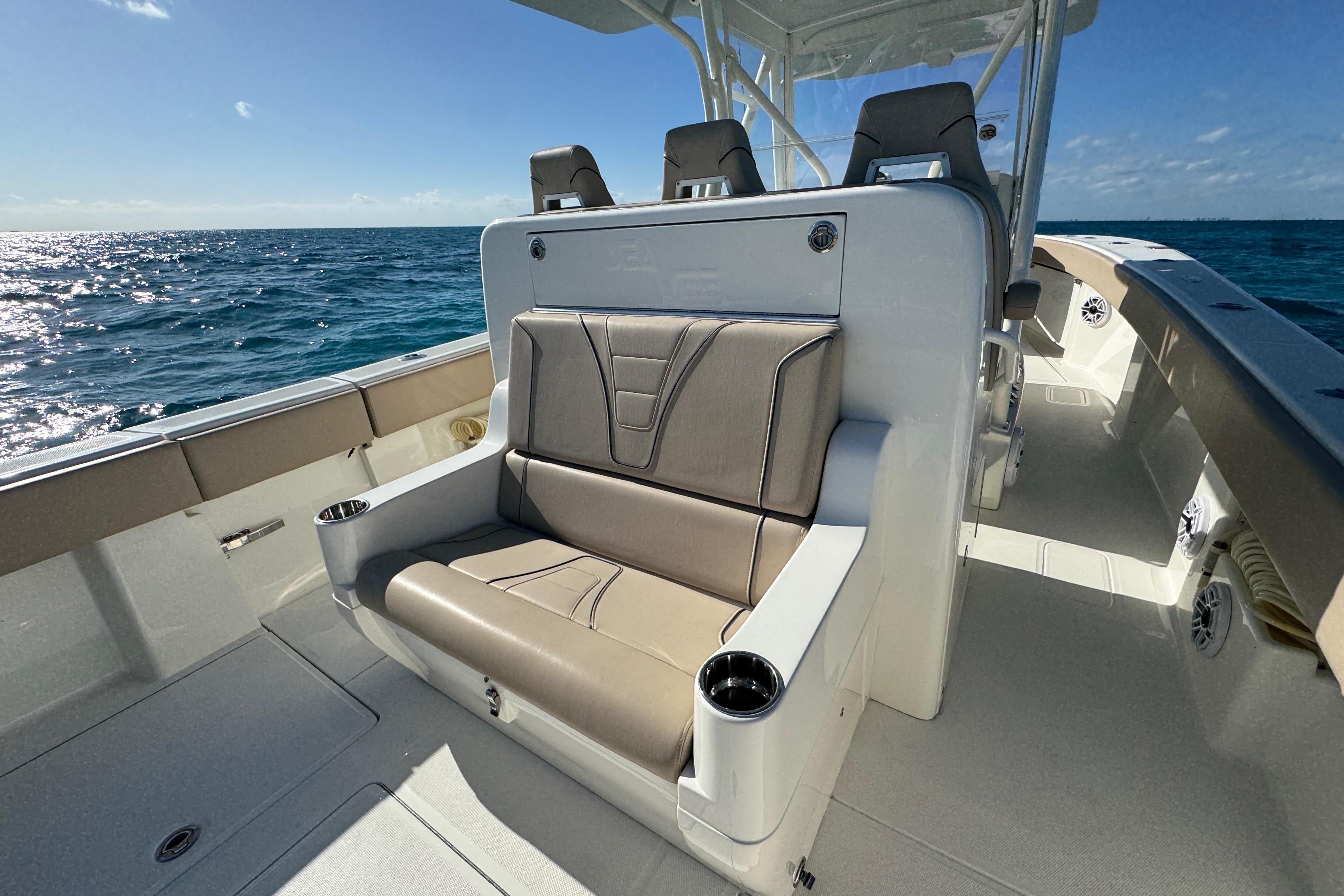 2021 SeaVee Boats 370Z interior with comfortable seating on open water.