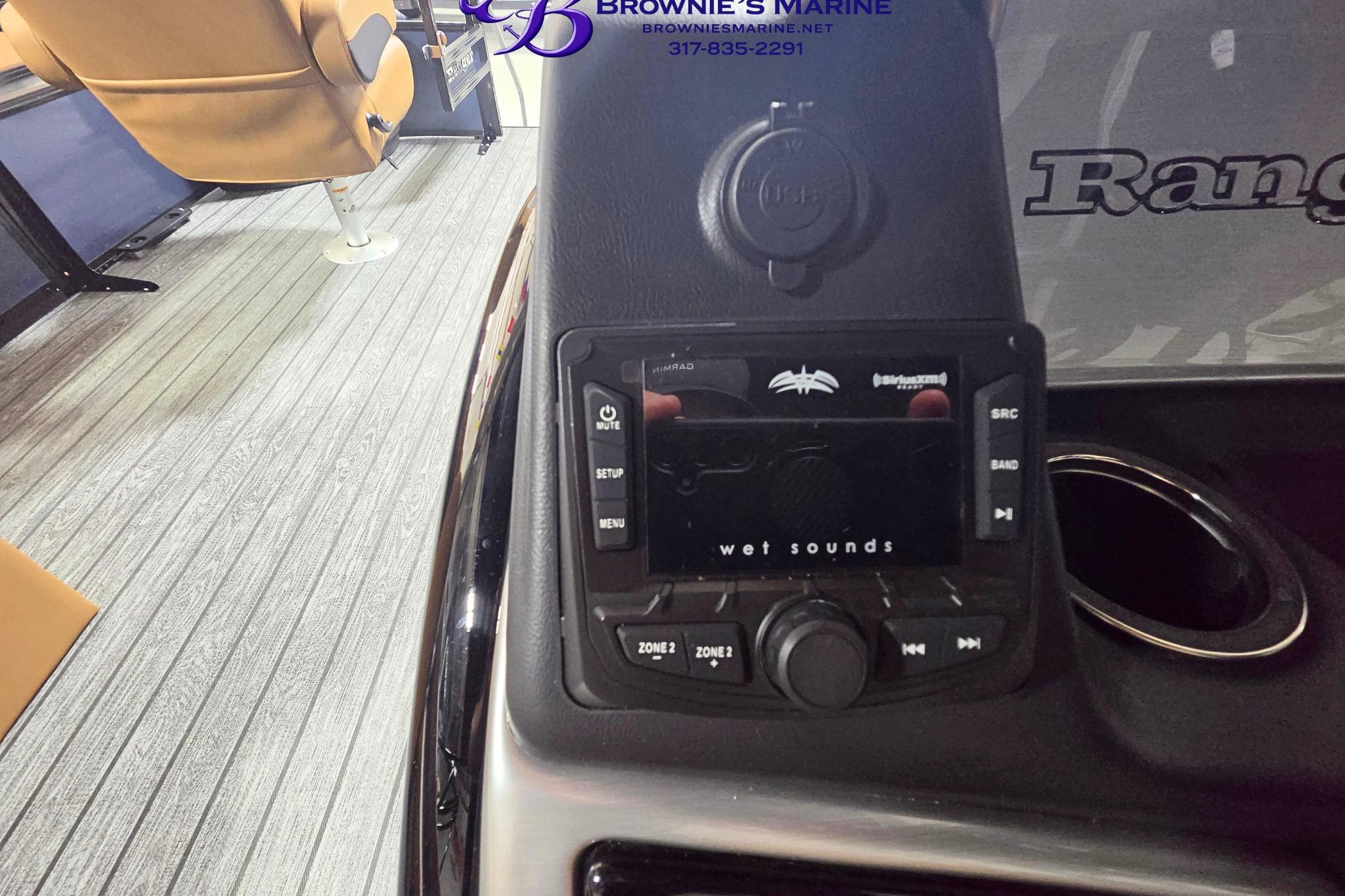 Dashboard of a 2026 Ranger 220F boat featuring a Wet Sounds audio system.