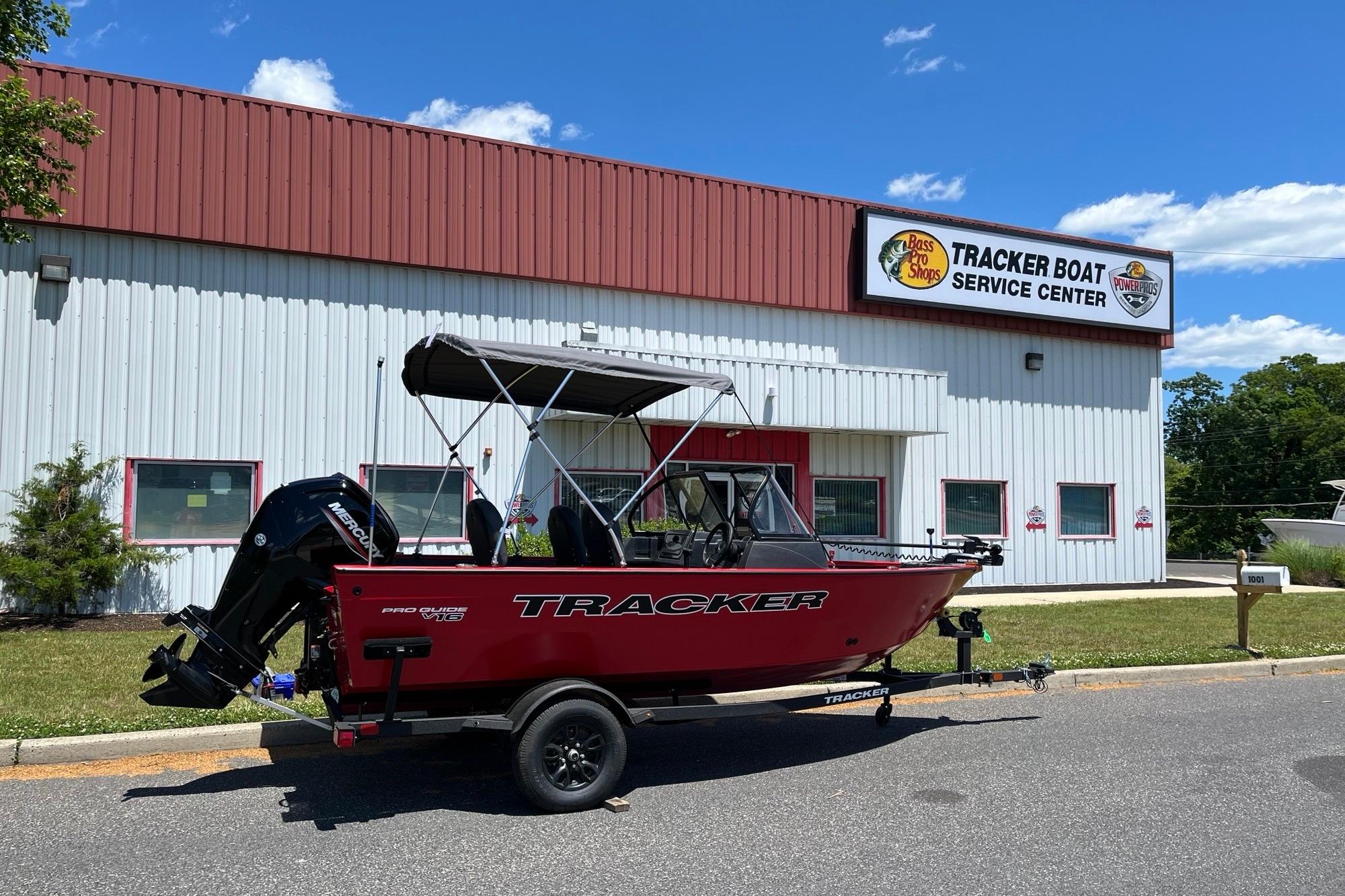 2026 Tracker Pro Guide V-16 WT boat outside Tracker Boat Service Center.