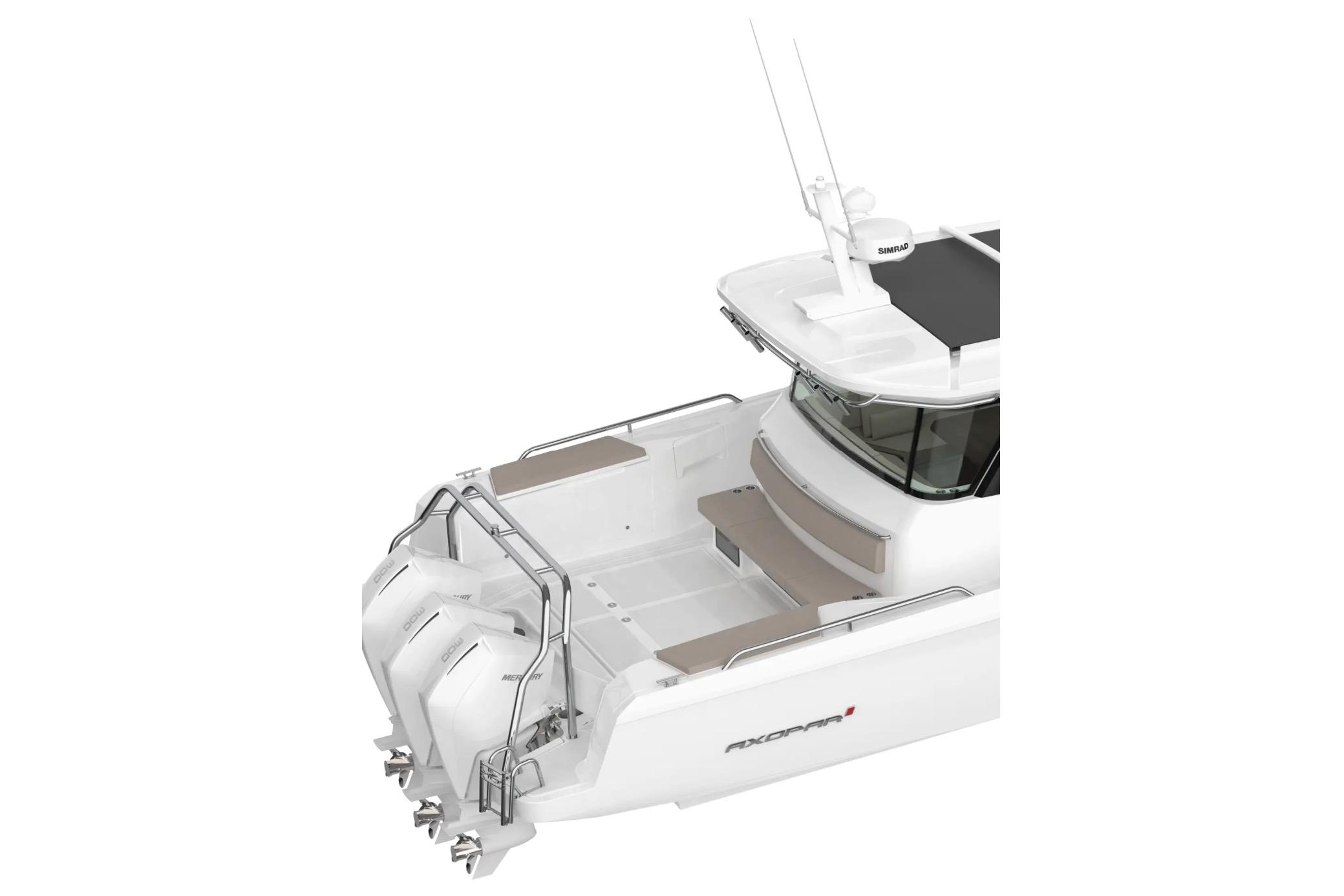 2027 Axopar 45 XC Cross Cabin boat with triple outboard engines, sleek design.