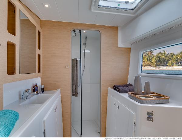 Luxurious bathroom interior of 2025 Lagoon 42 Millenium yacht with modern amenities.