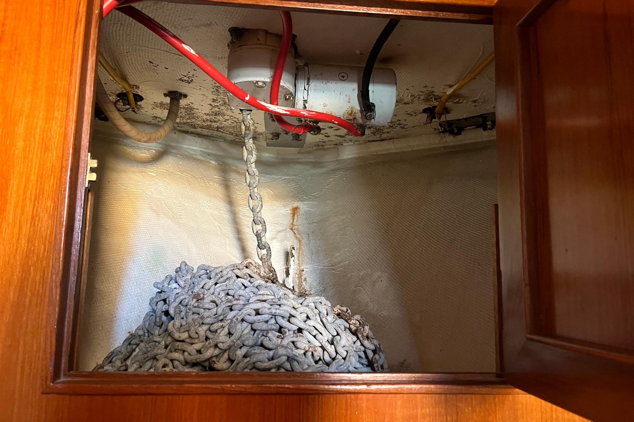 Anchor chain storage in 1989 Ocean Alexander 440 Sundeck CPMY yacht.