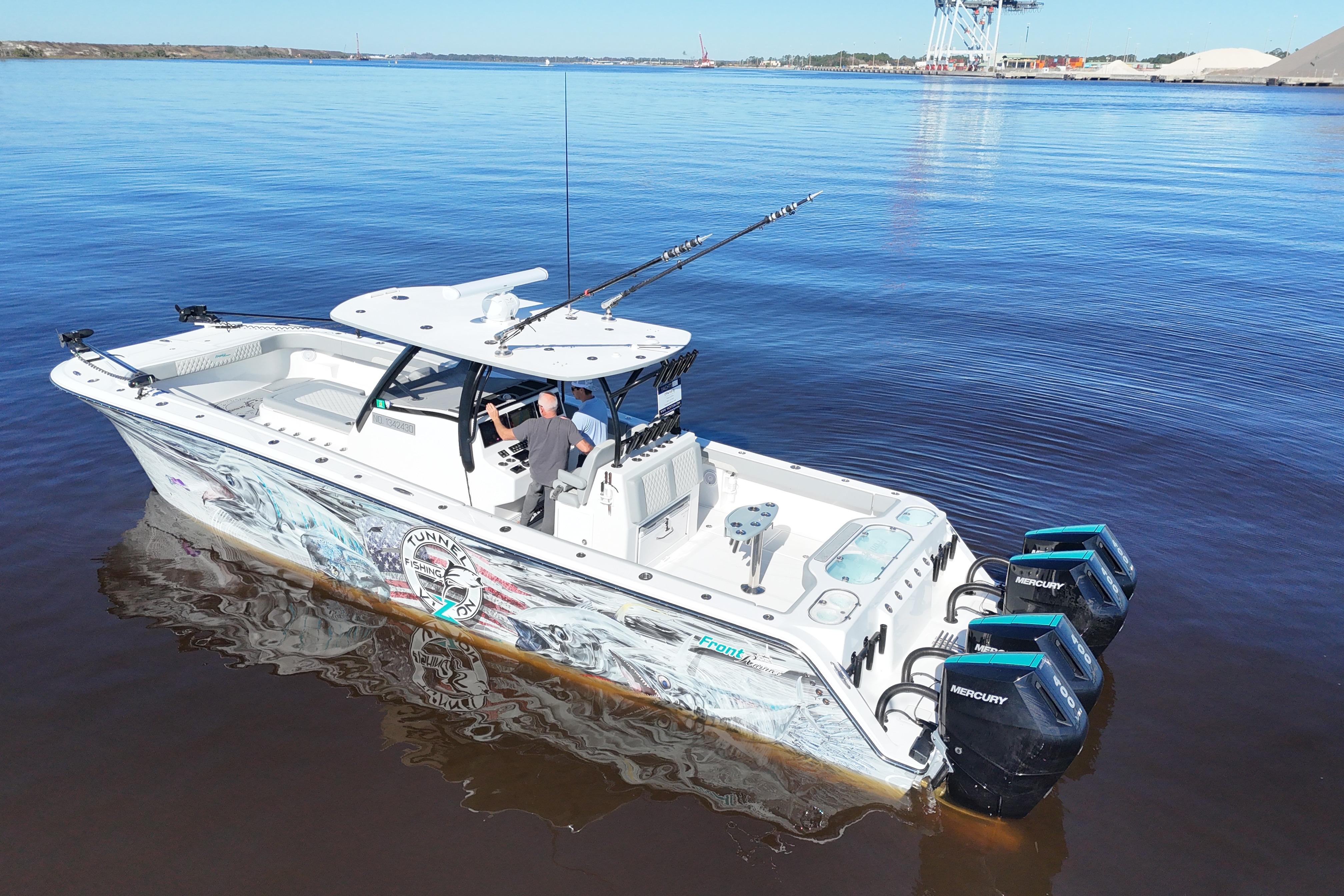 2024 Front Runner 37 Catamaran on calm water, featuring powerful Mercury engines.