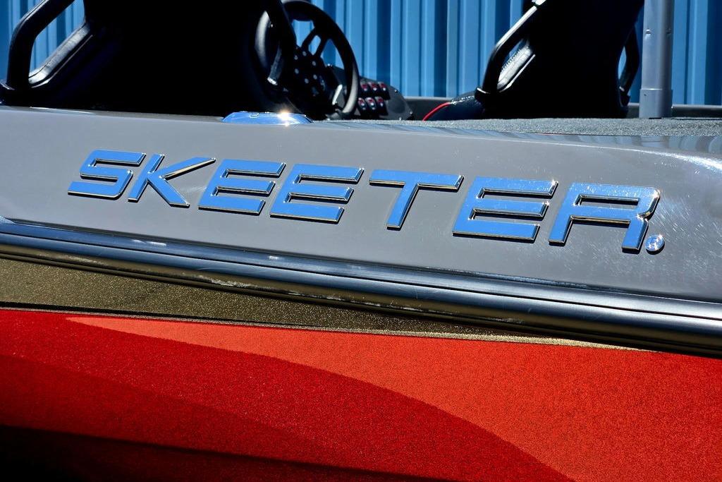 2026 Skeeter ZXE20 boat with sleek metallic branding and vibrant red finish.