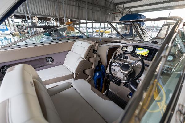 Interior of 2016 Regal 28 Express boat with modern dashboard and seating.