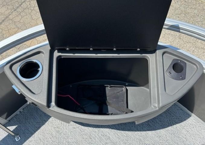 Open storage compartment on 2026 Sun Tracker Bass Buggy 18 DLX boat.