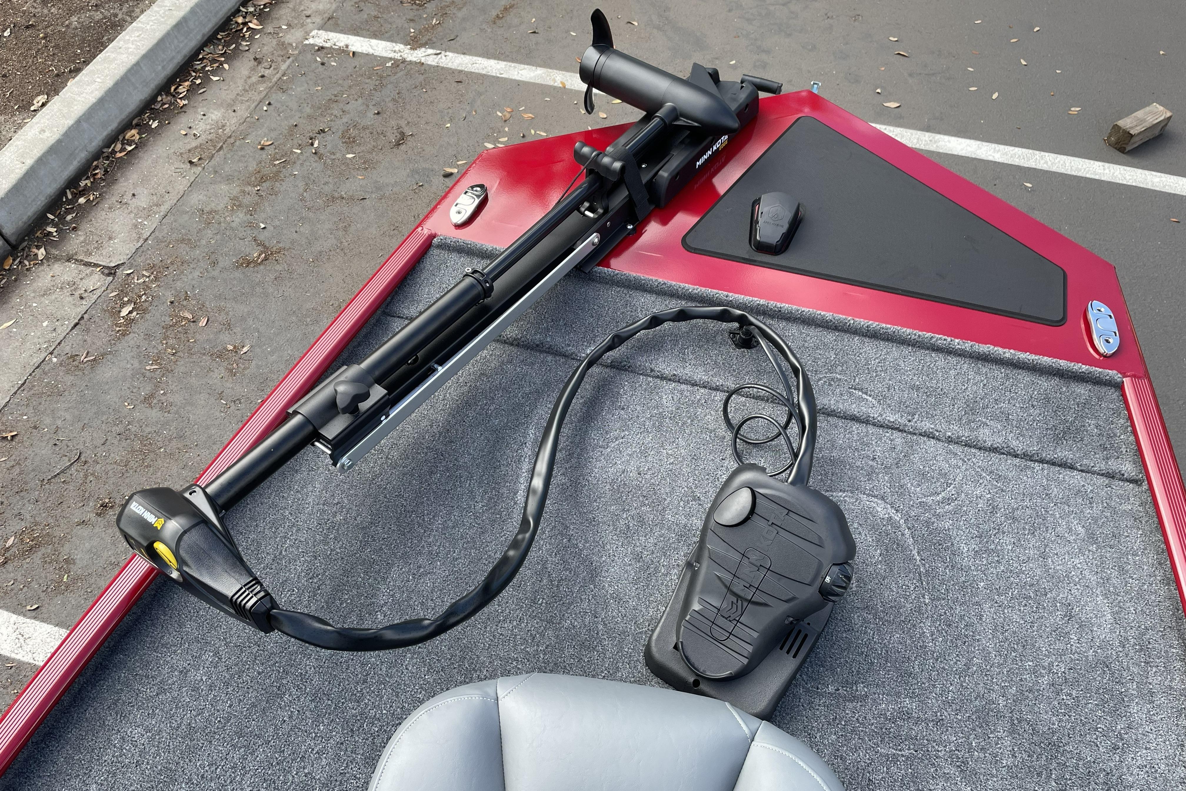 2026 Tracker Bass Tracker Classic XL boat deck with trolling motor and foot pedal.