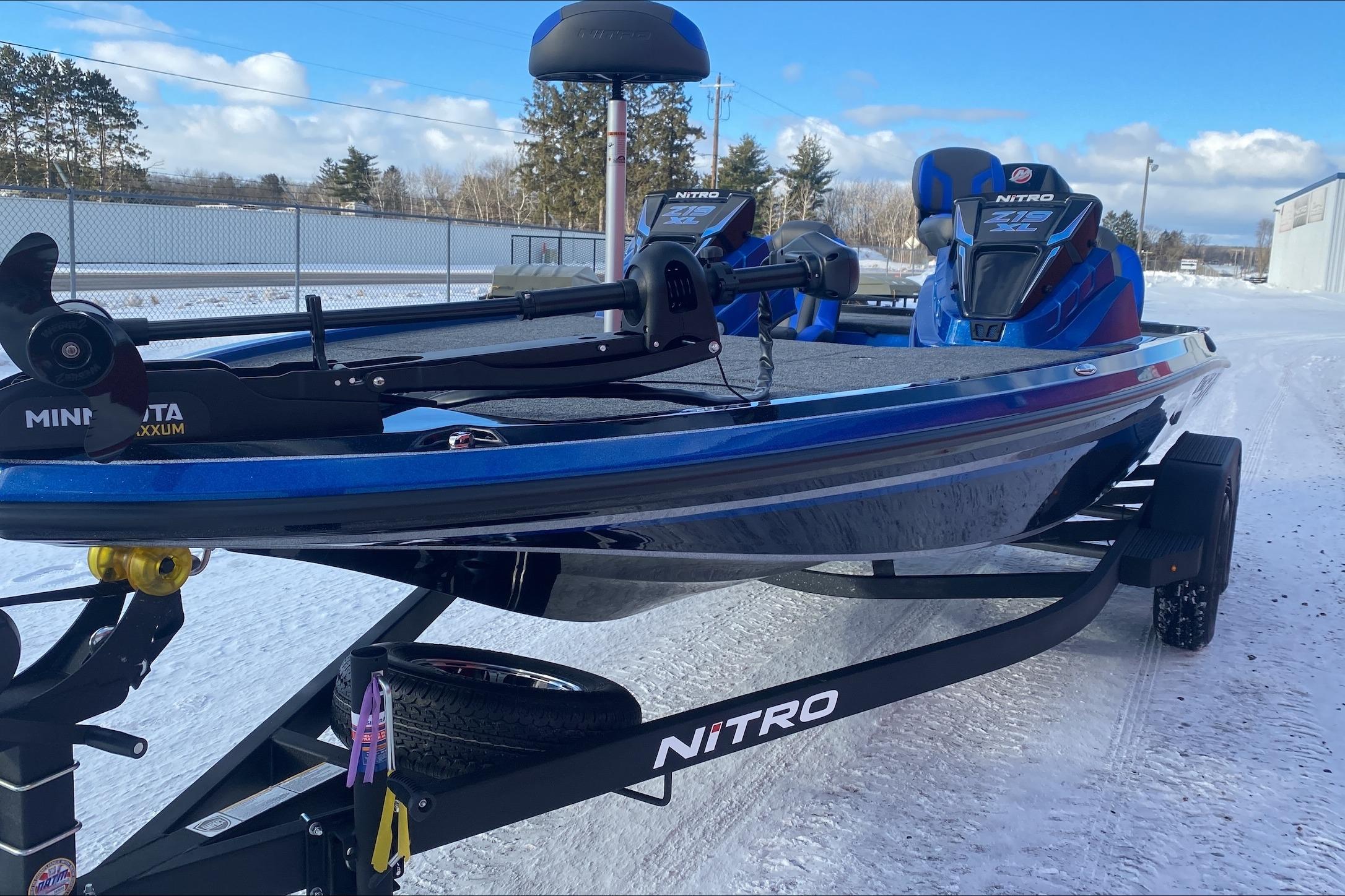 2026 Nitro Z19 XL boat on snowy ground, featuring Minn Kota Maxxum motor.