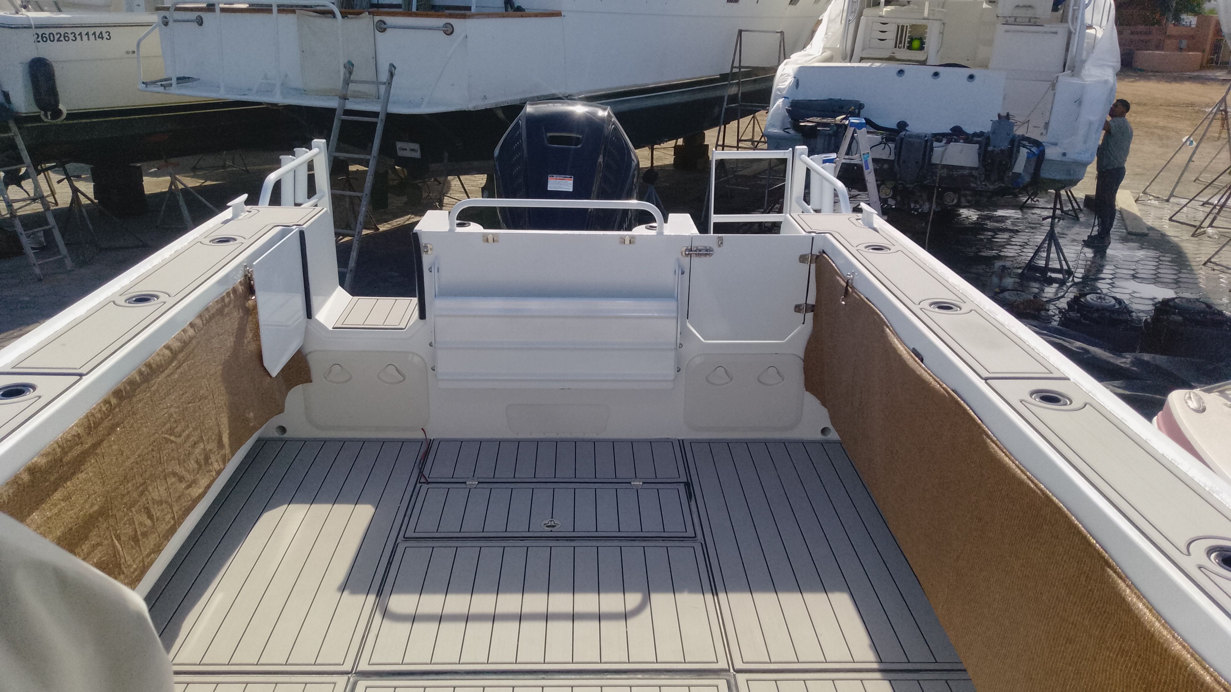 Interior view of Gospel Boat 7.5M, 2024 model, at shipyard.