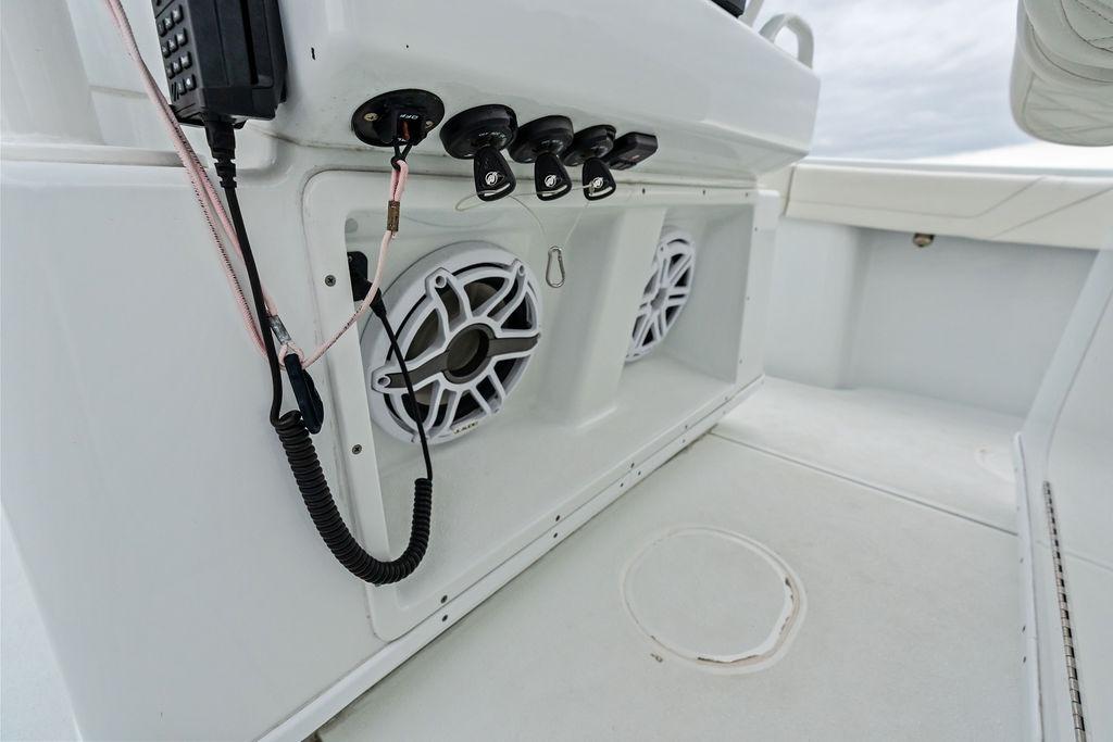 2021 Yellowfin 36 Offshore boat interior with speakers and control panel.