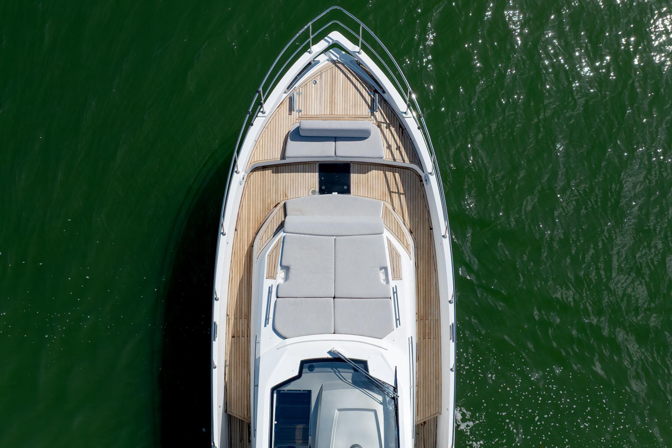 Aerial view of 2019 Azimut Verve 40 yacht on green water.