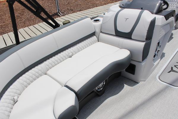 2025 Tahoe Pontoon Cascade Quad Lounger interior with sleek, modern seating and console design.