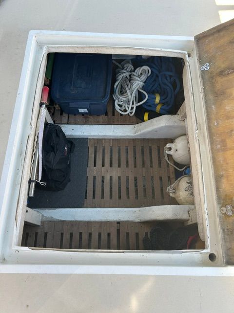 Storage compartment of a 1980 Grand Banks 32 Sedan boat.