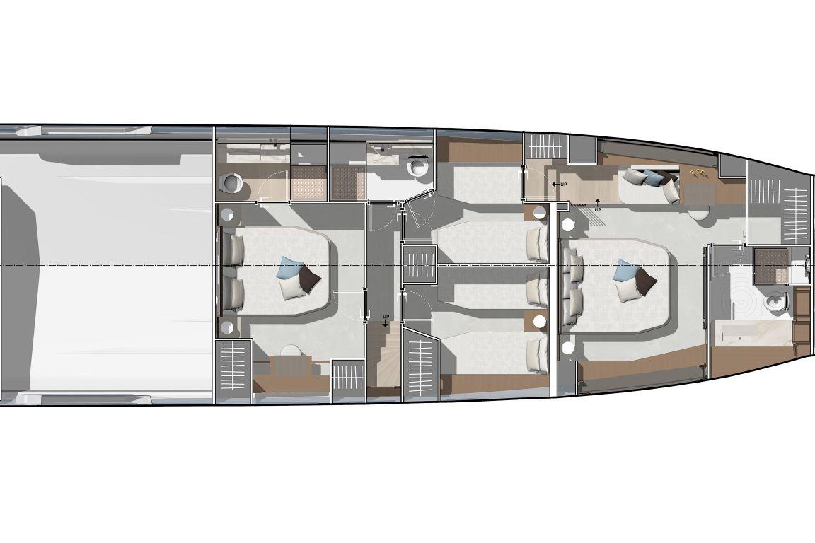Floor plan of 2026 Prestige X70 yacht, showcasing luxurious interior layout and design.