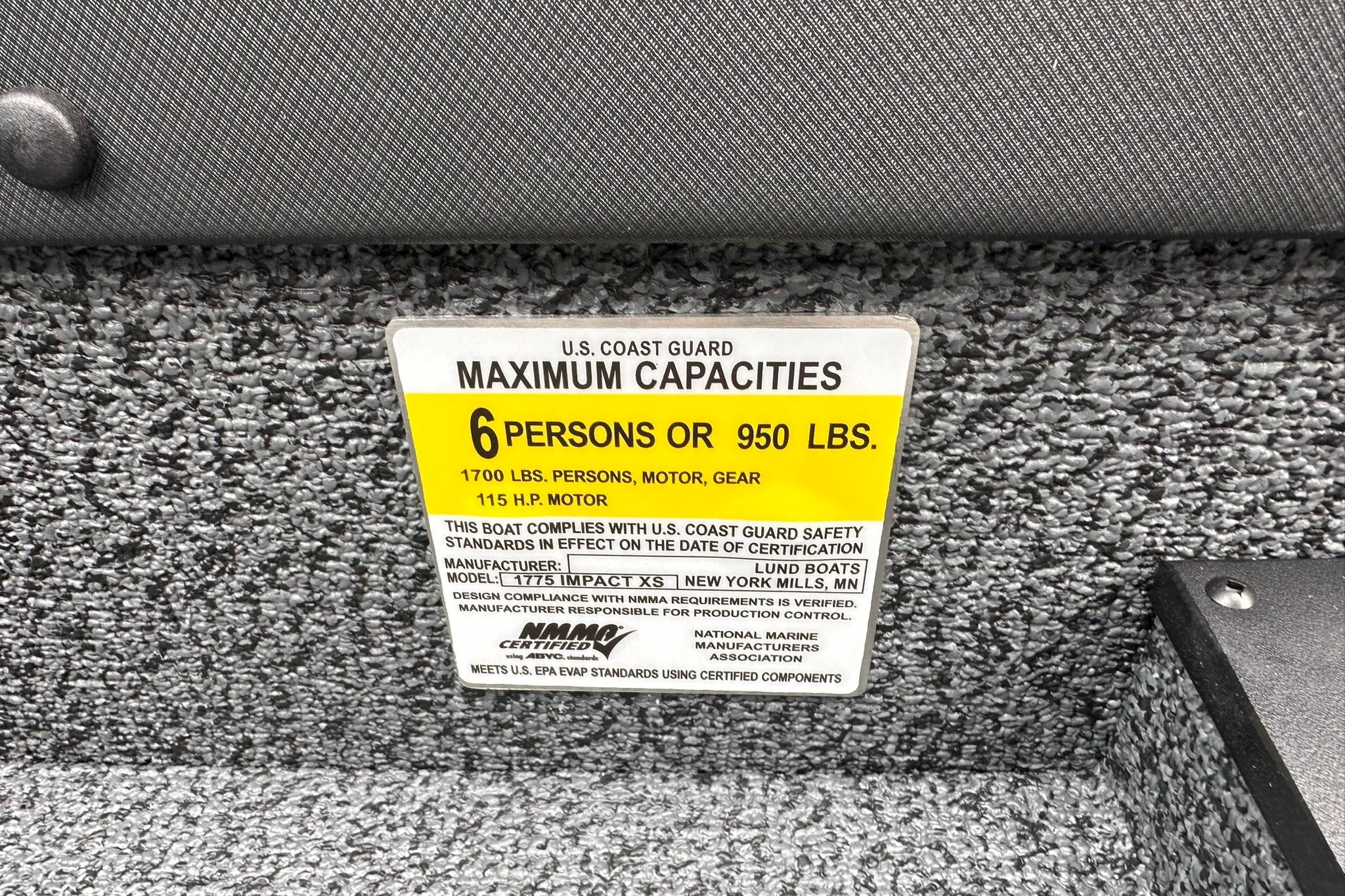 2026 Lund 1775 Impact XS Sport capacity label, 6 persons or 950 lbs, U.S. Coast Guard compliant.