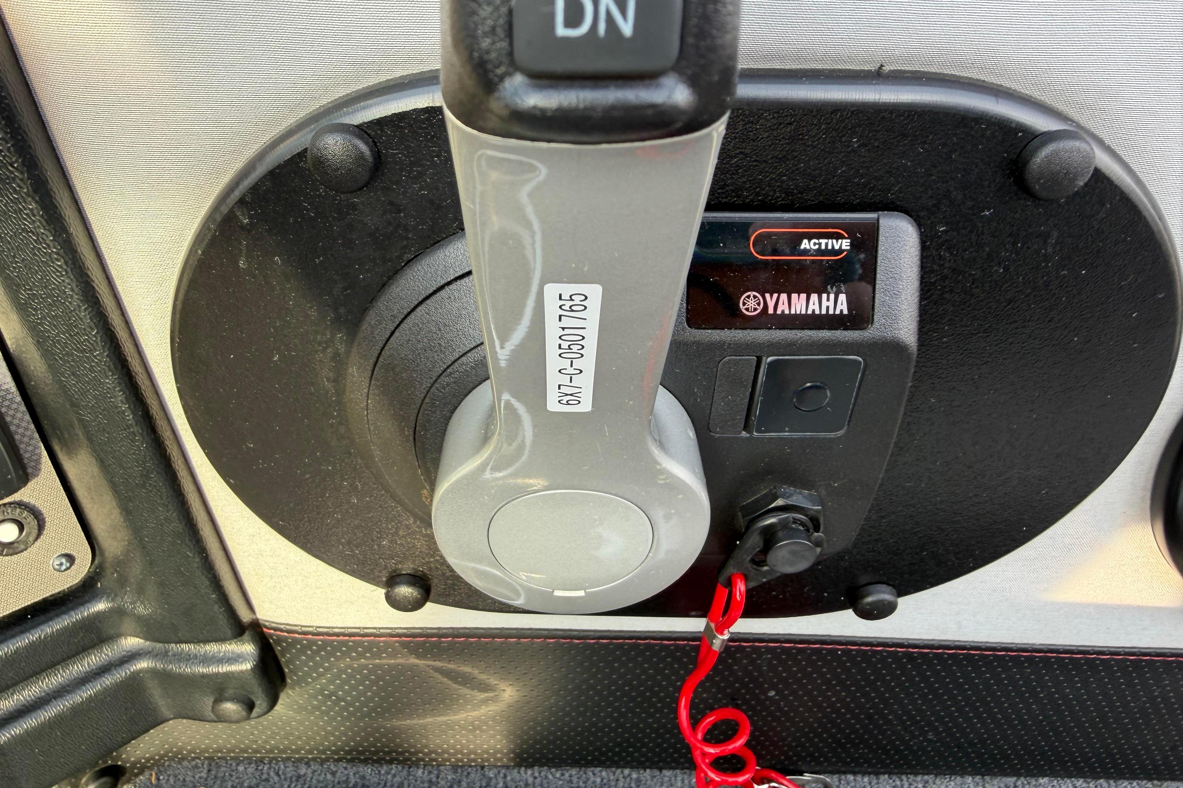 Close-up of Yamaha throttle control on 2019 Alumacraft Trophy 205 boat.