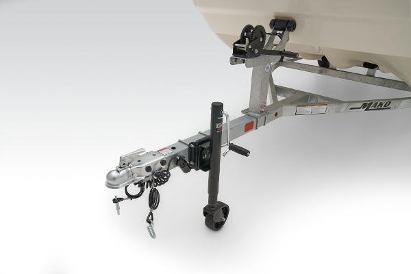 Trailer hitch of 2026 Mako Pro Skiff 17 CC boat, featuring sturdy construction.