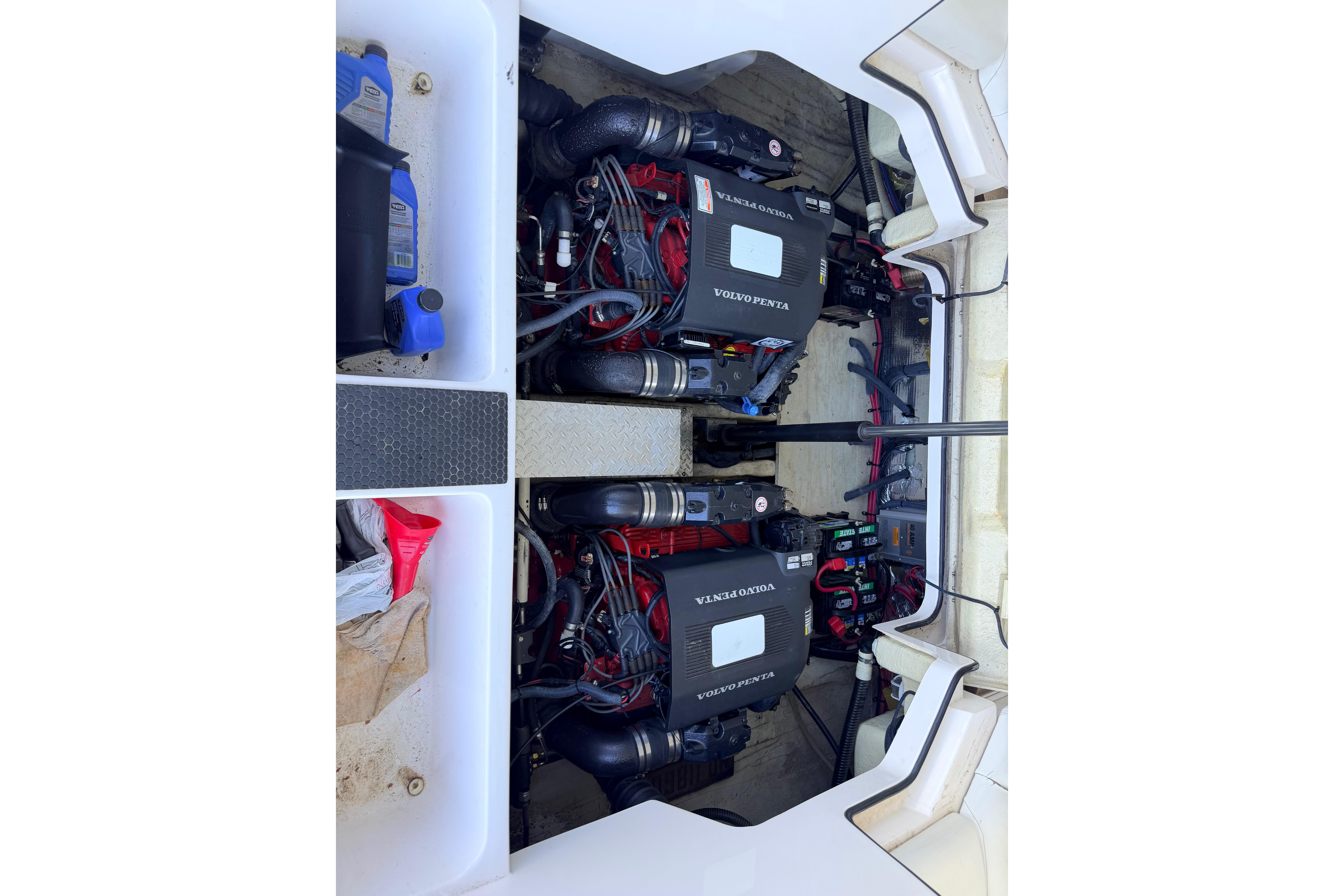 Engine compartment of a 2005 Regal 3350 Sport Cruiser with Volvo Penta engines.