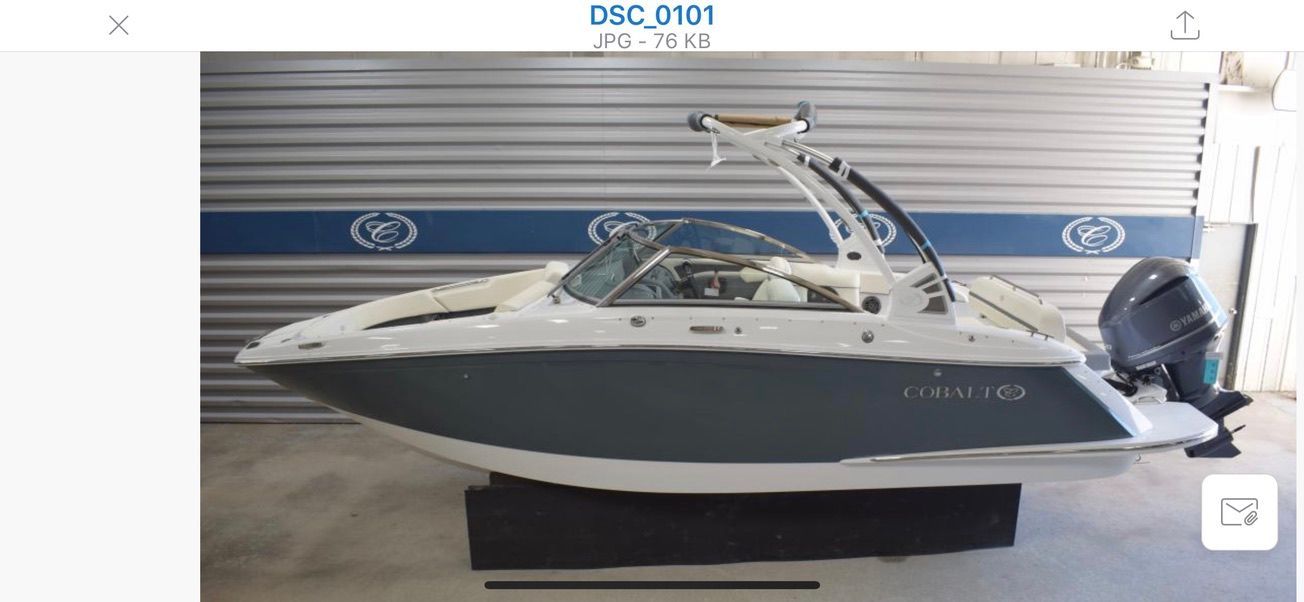 2020 Cobalt SC23 boat displayed in a showroom.