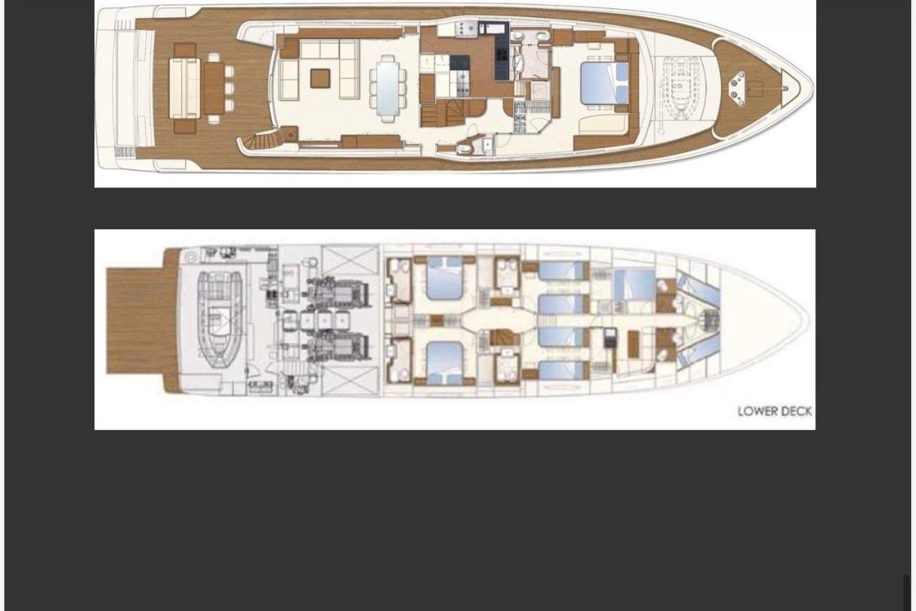 Floor plans of a 2010 Custom Line 97 yacht, showcasing upper and lower decks.
