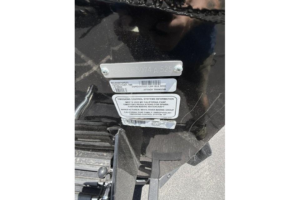 2025 Tracker Pro Guide V-175 WT boat identification and emissions control labels.