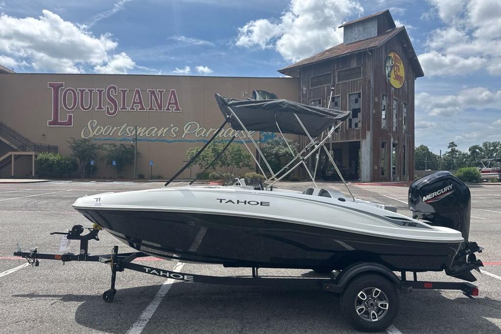 2026 Tahoe T16 boat on trailer, parked outside Louisiana Sportsman's Paradise.