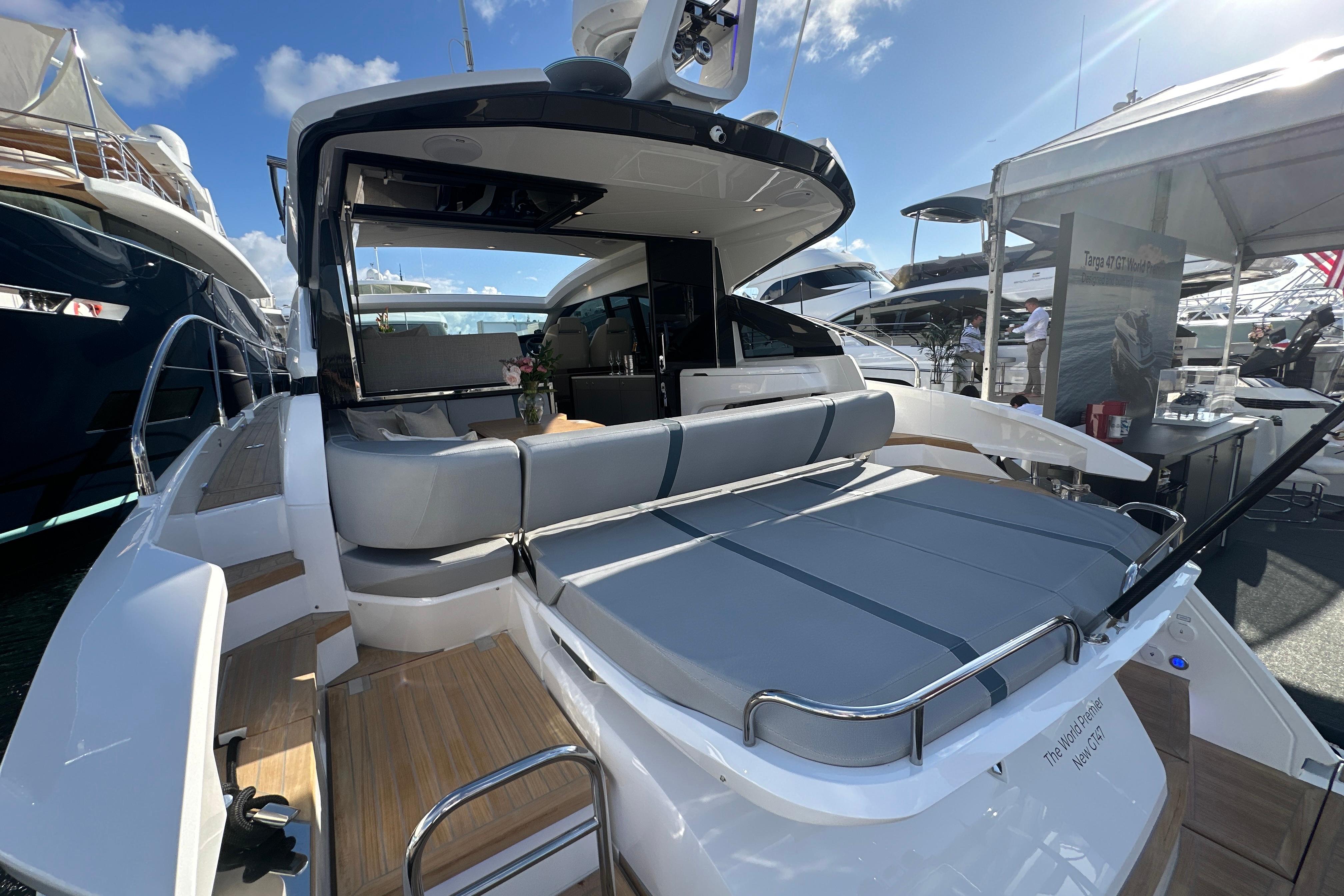 Luxury Fairline Targa 47 GT yacht, 2026 model, featuring sleek design and spacious deck.